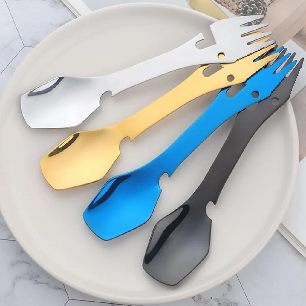 Exquisite Outdoor camping tableware stainless steel multifunctional knife fork and spoon flatware portable creative 5-in-1 cutlery Practical