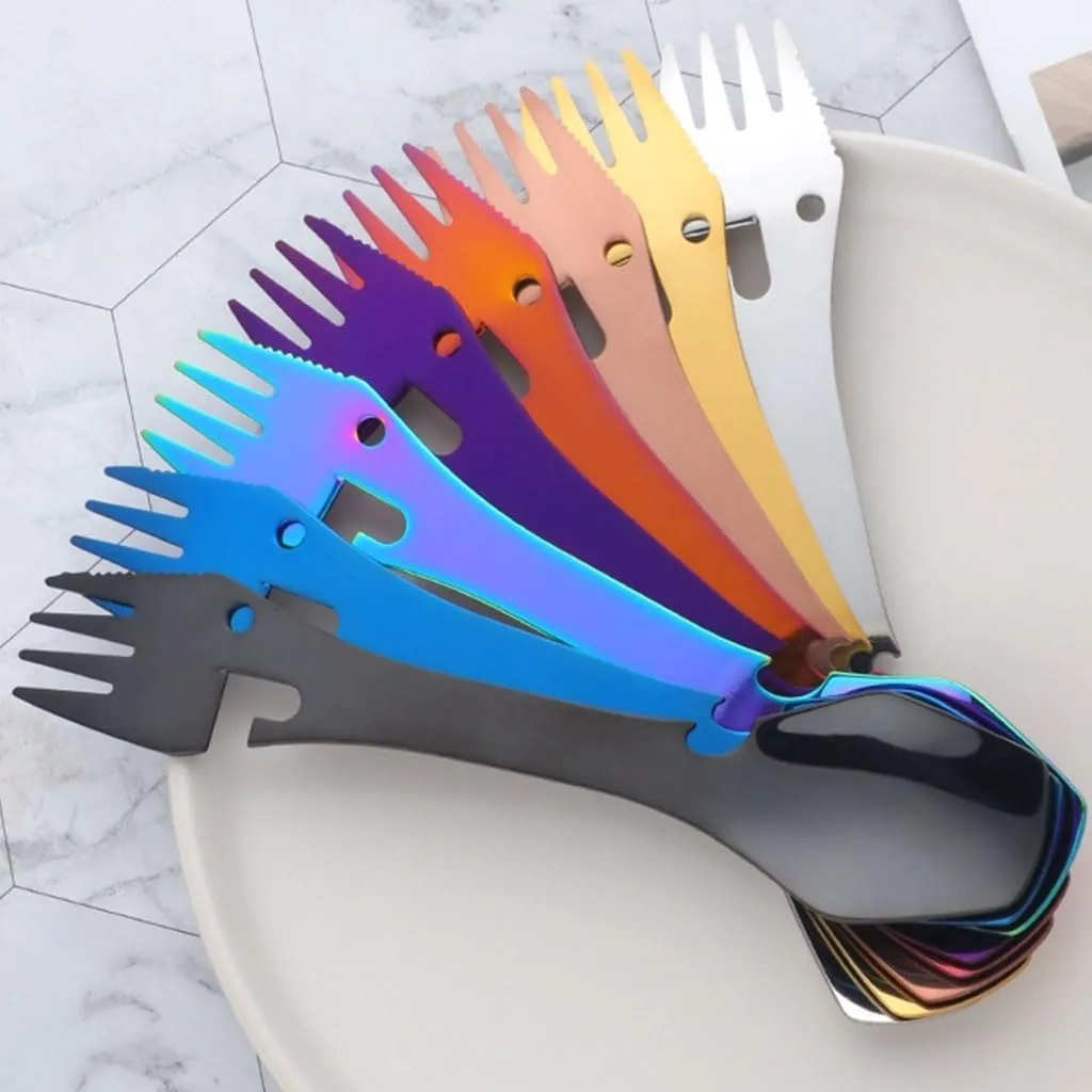 Exquisite Outdoor camping tableware stainless steel multifunctional knife fork and spoon flatware portable creative 5-in-1 cutlery Practical