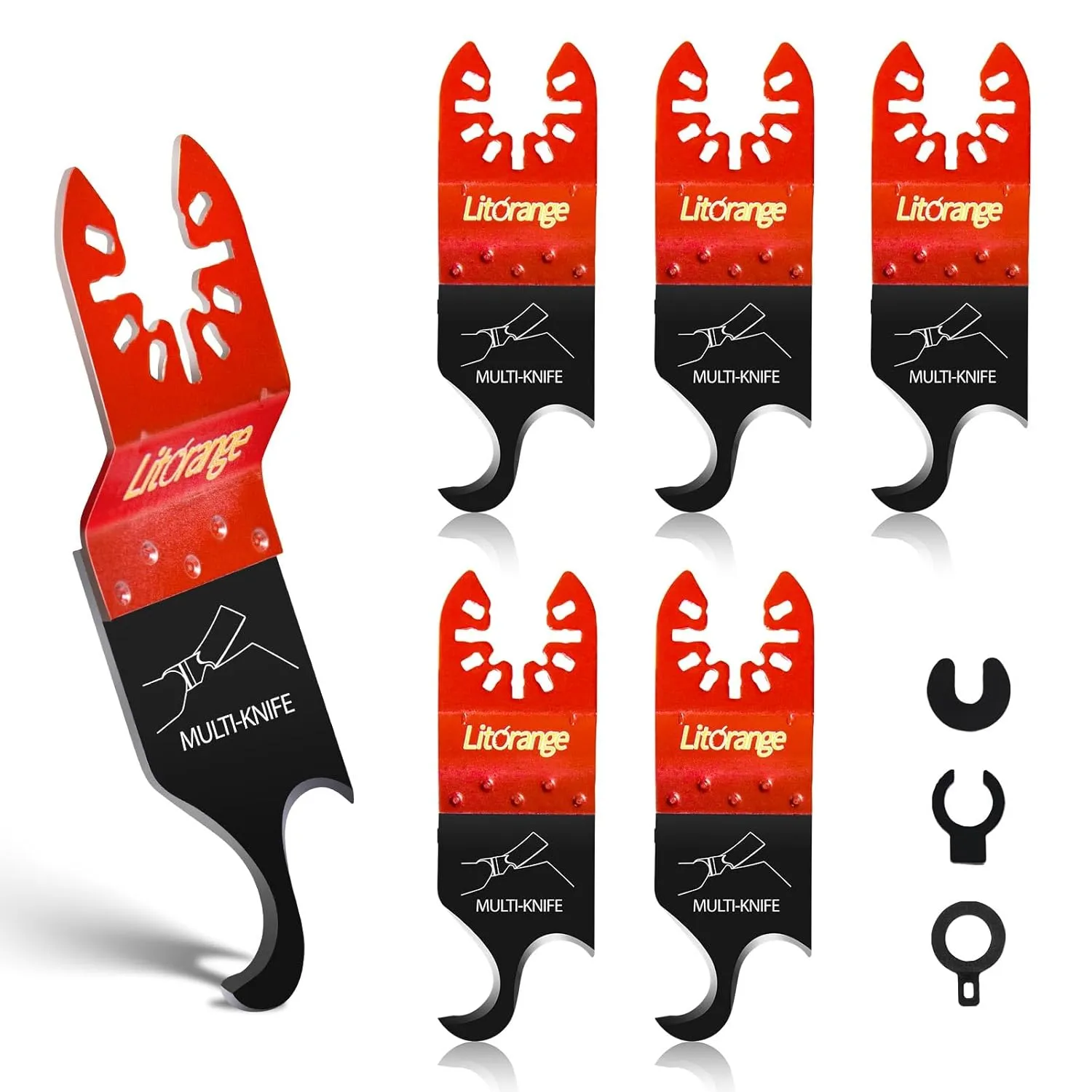 Extended Hook Blade for Oscillating Tool, 5 Pack Oscillating Multi-Tool Hook Knife Blades with 3 Types of Adapters, Ideal for PVC, Carpet, Roofing Shingles & Cardboard Cutting