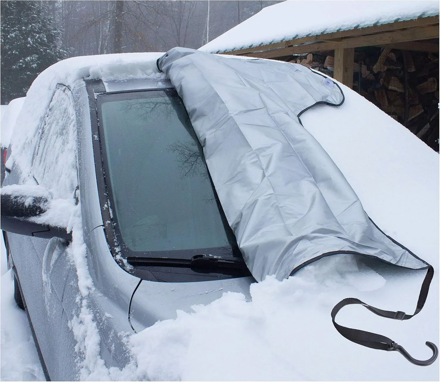 Extra Large Windshield Snow Ice Cover - Fit Any Car SUV Truck Van - Windproof Straps, Wings, Suction Cups, Magnets - Plus Demist Cloth   Blanket - Winter Outdoor Hood Covers