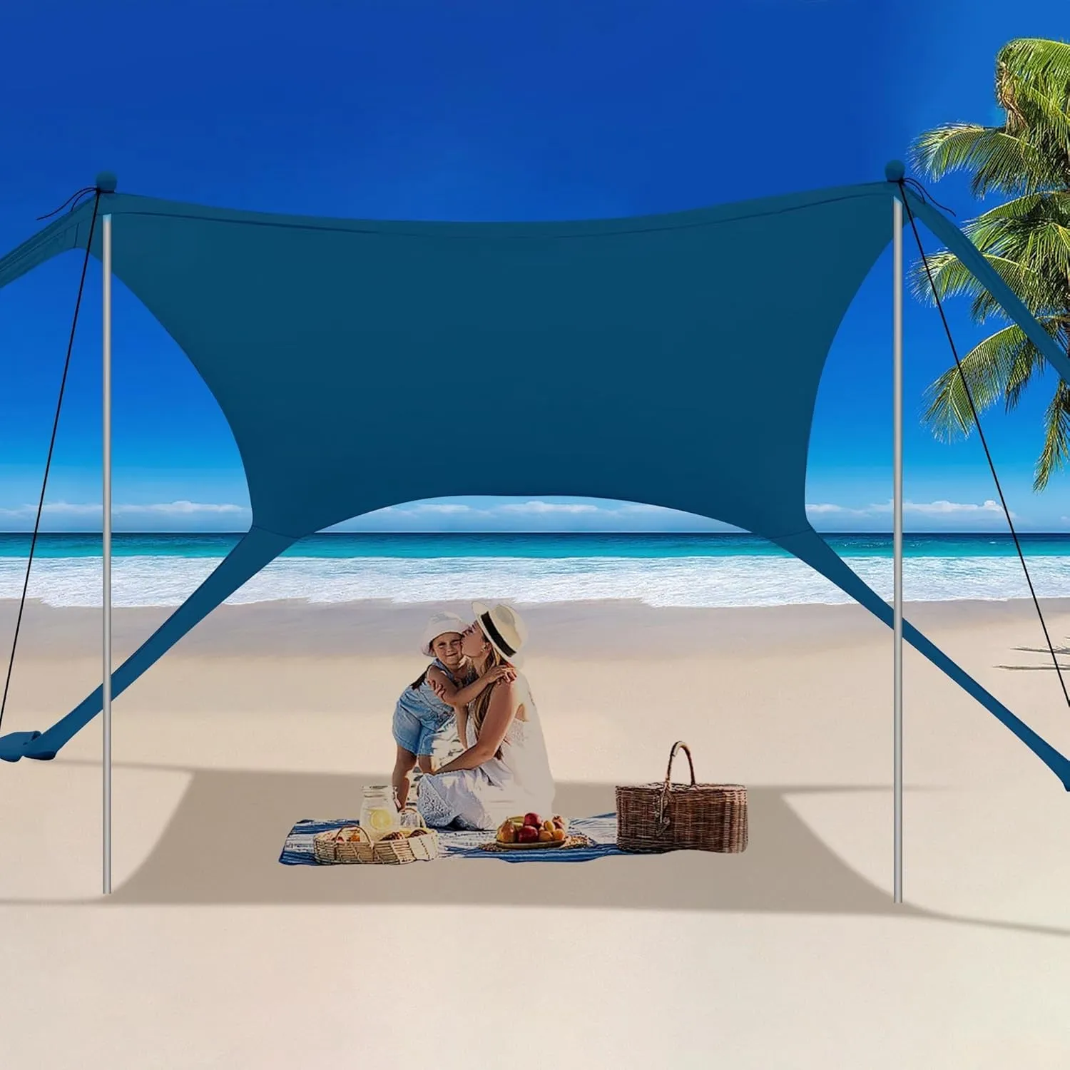 Family Beach Tent Canopy Sun Shade, Pop Up Grande Beach Tent with 4 Stability Poles, UPF 50  Sun Protection, Water-Resistant, Portable Carry Bag, 10'x10' Large Size, for Outdoor Picnics, Beach Days, a