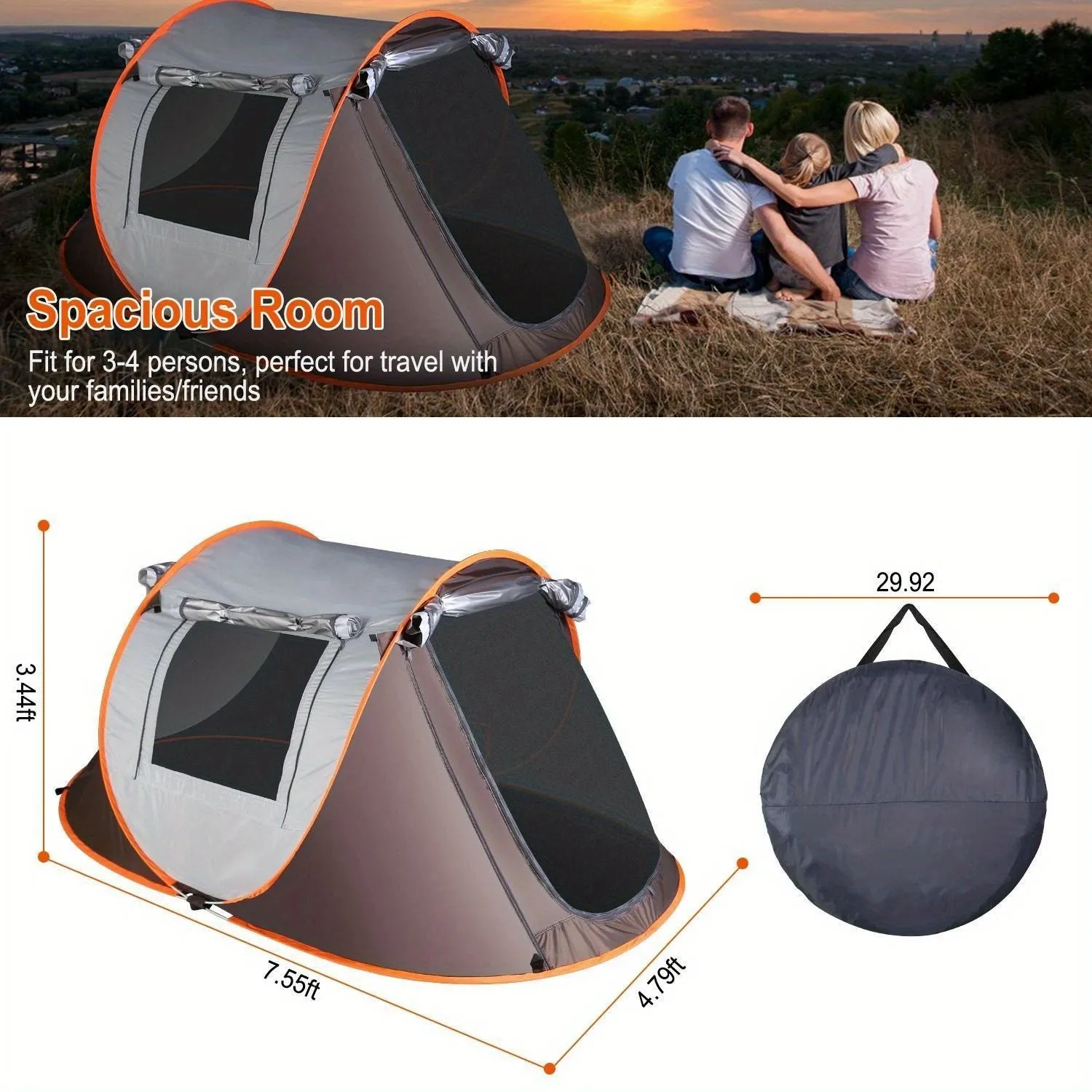 Family Camping Tent, can accommodate 3 to 4 People, Ventilation on All Sides, 1 Second Extremely Fast Installation, Wind/Rainproof