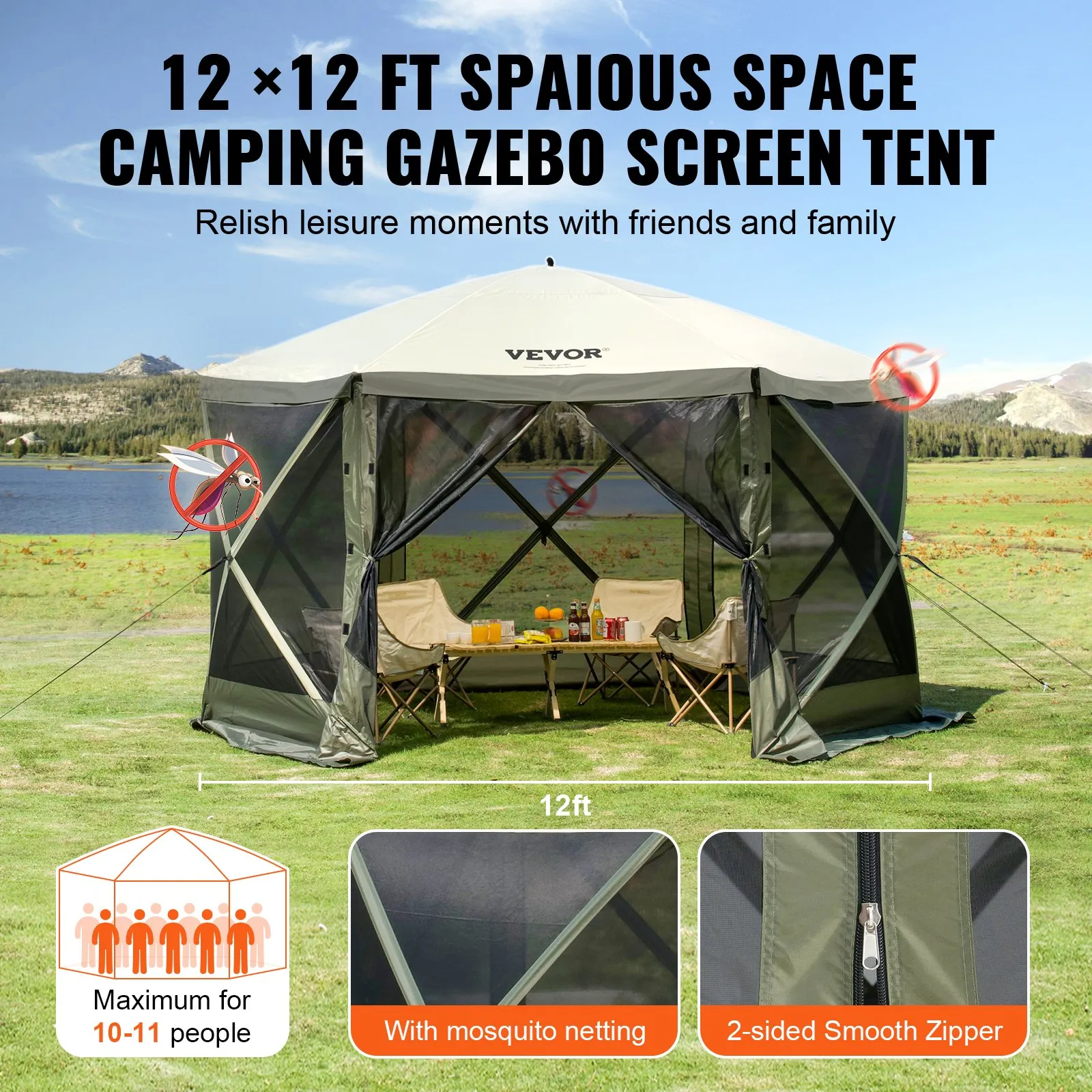 (FINAL PRICES ARE LOWER ON OUR SITE!) VEVOR Pop Up Gazebo Tent, Pop-Up Screen Tent 6 Sided Canopy Sun Shelter with 6 Removable Privacy Wind Cloths & Mesh Windows, 12x12FT Quick Set Screen Tent with Mosquito Netting, Army Green