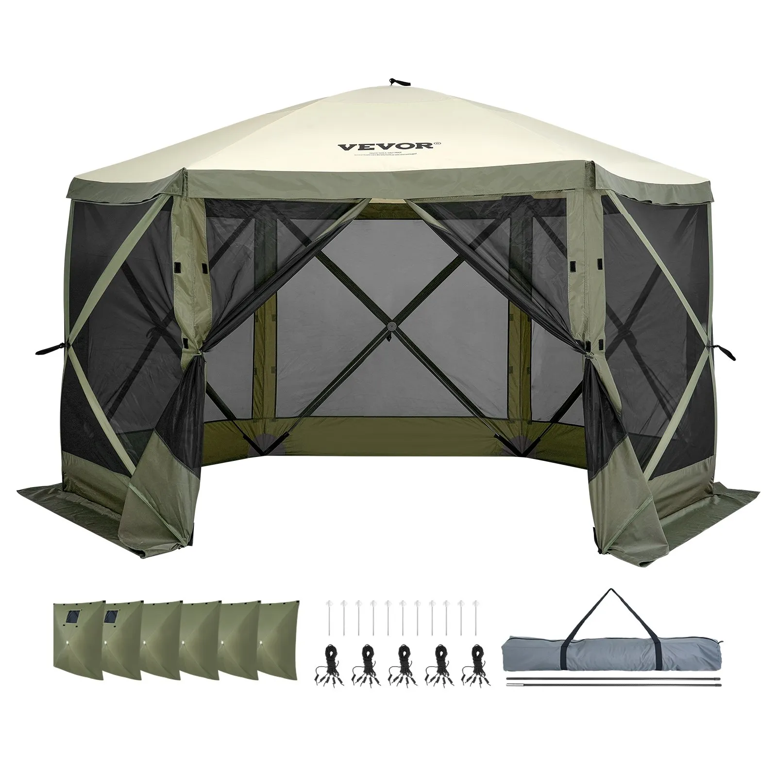 (FINAL PRICES ARE LOWER ON OUR SITE!) VEVOR Pop Up Gazebo Tent, Pop-Up Screen Tent 6 Sided Canopy Sun Shelter with 6 Removable Privacy Wind Cloths & Mesh Windows, 12x12FT Quick Set Screen Tent with Mosquito Netting, Army Green