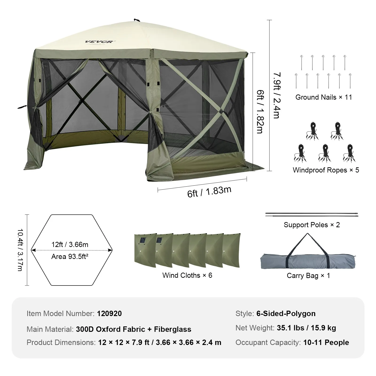 (FINAL PRICES ARE LOWER ON OUR SITE!) VEVOR Pop Up Gazebo Tent, Pop-Up Screen Tent 6 Sided Canopy Sun Shelter with 6 Removable Privacy Wind Cloths & Mesh Windows, 12x12FT Quick Set Screen Tent with Mosquito Netting, Army Green