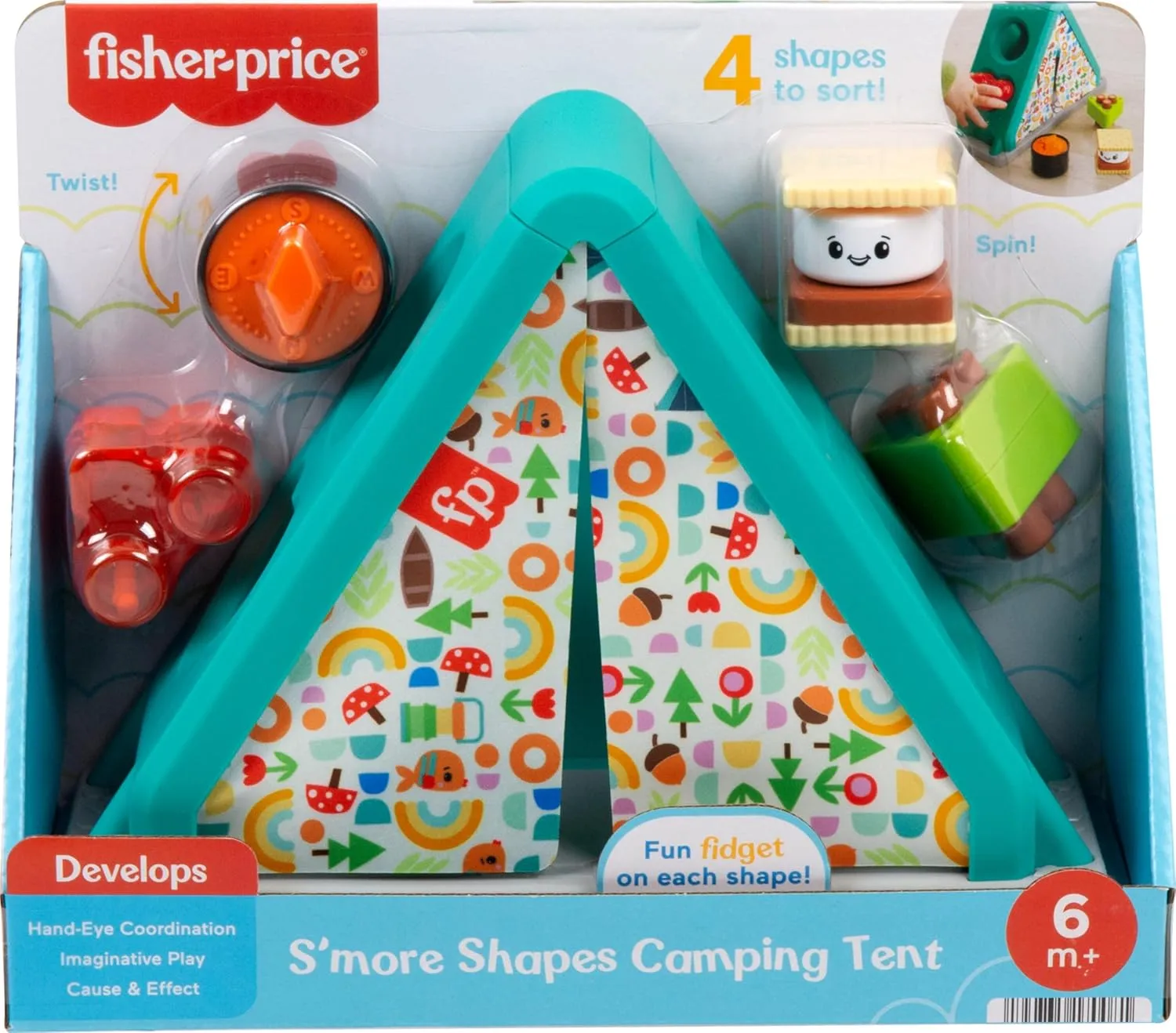 Fisher-Price Baby Developmental Toy S’More Shapes Camping Tent Block Sorting Activity for Infants Ages 6  Months