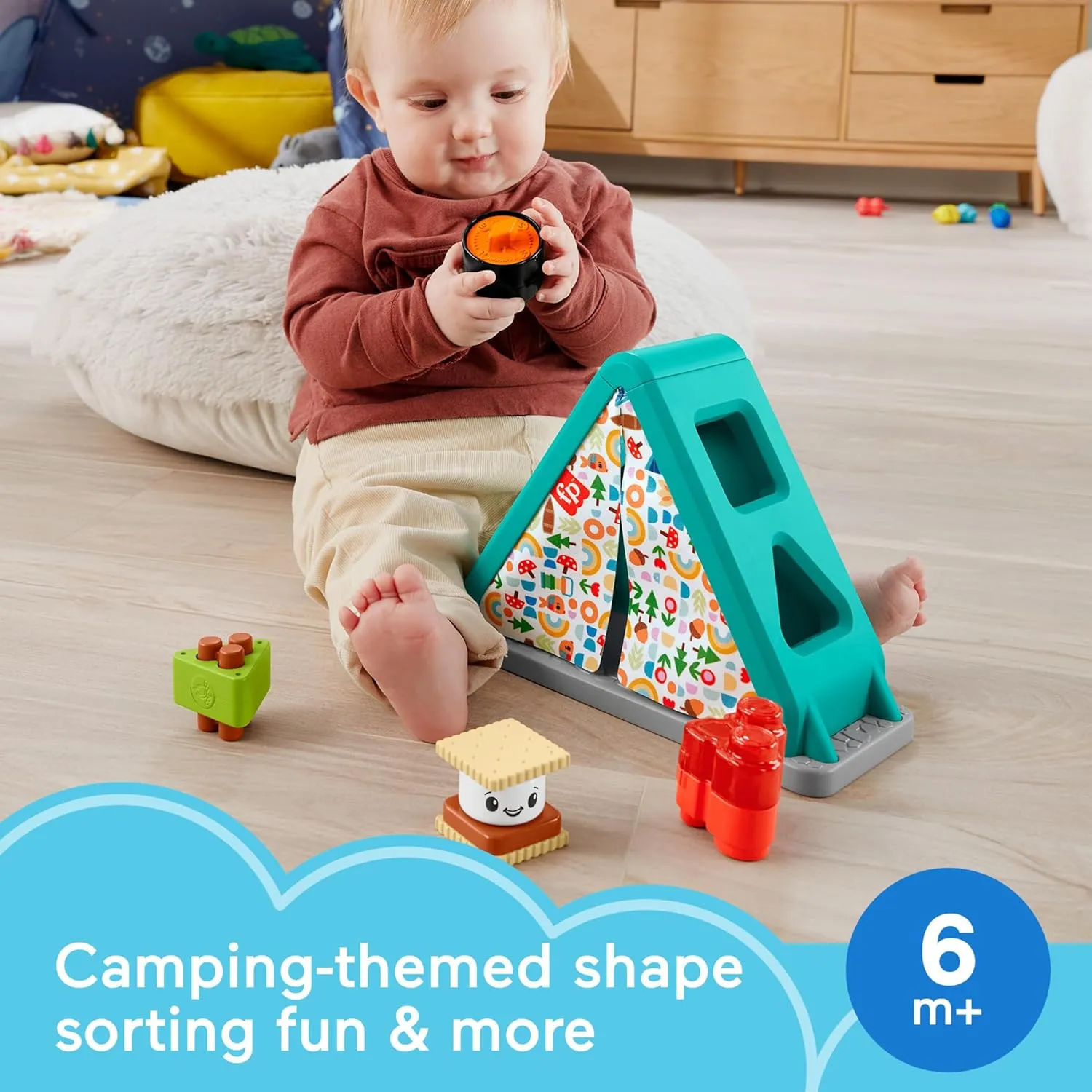 Fisher-Price Baby Developmental Toy S’More Shapes Camping Tent Block Sorting Activity for Infants Ages 6  Months
