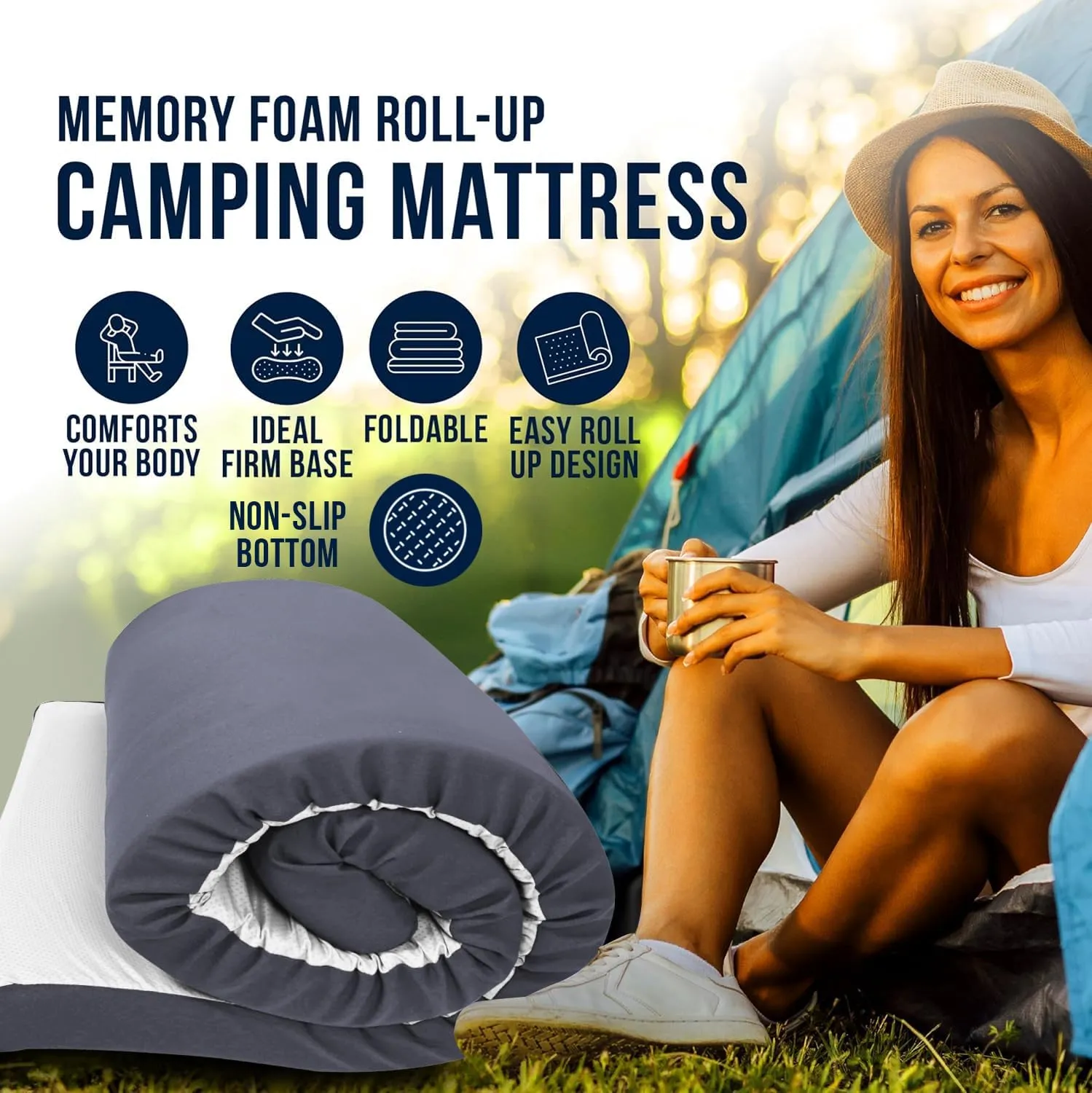 Foamma 4" x 26" x 72" Memory Foam Roll-Up Camping Mattress with Water Resistant Zipper Cover, Foldable and Portable for Camping, RV Bunk, Tent, Guest Bed, Outdoor and Dorm, CertiPUR-US Certified Foam