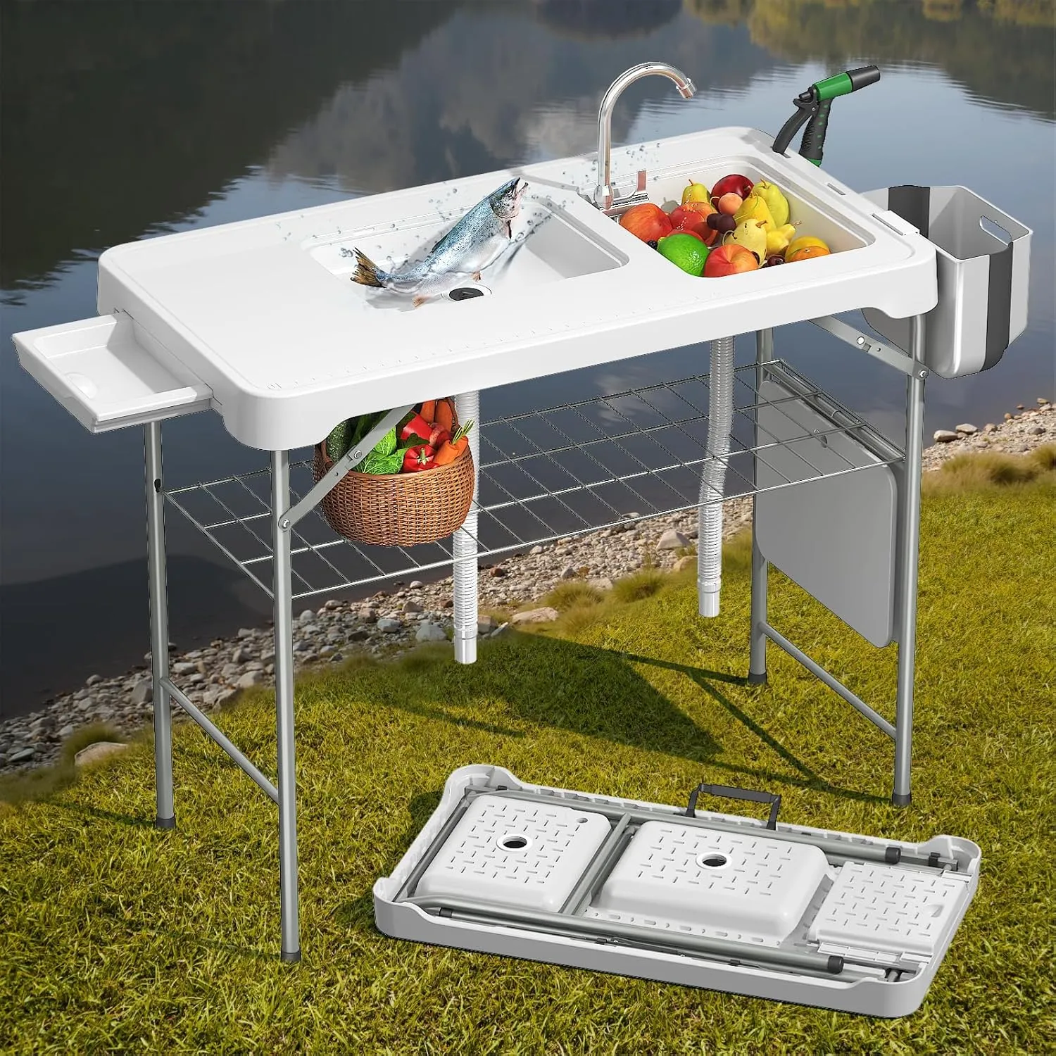 Folding Fish Cleaning Table with 2 Sinks, 42.5'' Portable Camping Sink Table with Foldable Faucet, Drainage Hose, Sprayer, Storage Box,Drawer & Grooves, Outdoor Fillet Station for Picnic, White