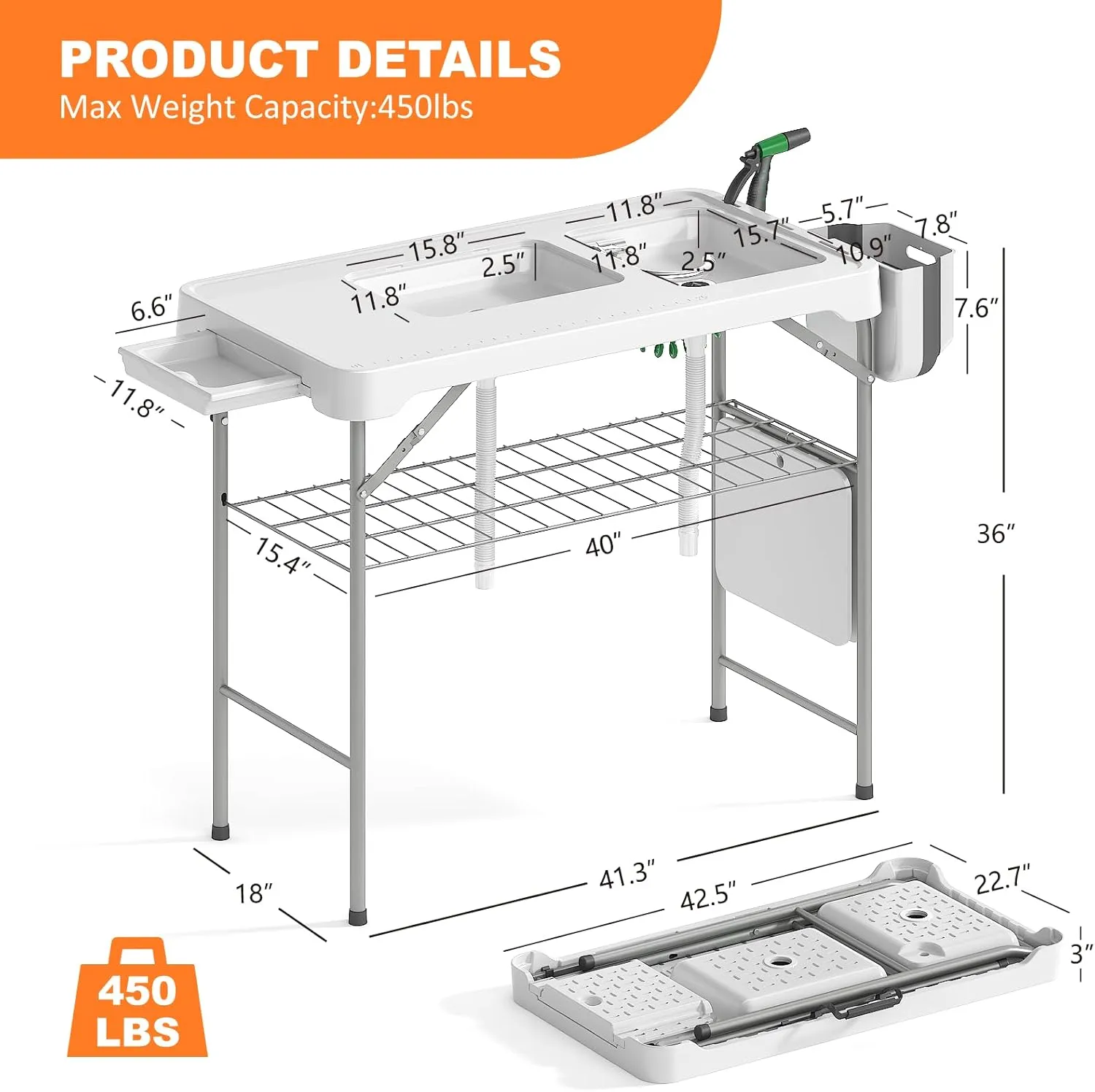 Folding Fish Cleaning Table with 2 Sinks, 42.5'' Portable Camping Sink Table with Foldable Faucet, Drainage Hose, Sprayer, Storage Box,Drawer & Grooves, Outdoor Fillet Station for Picnic, White
