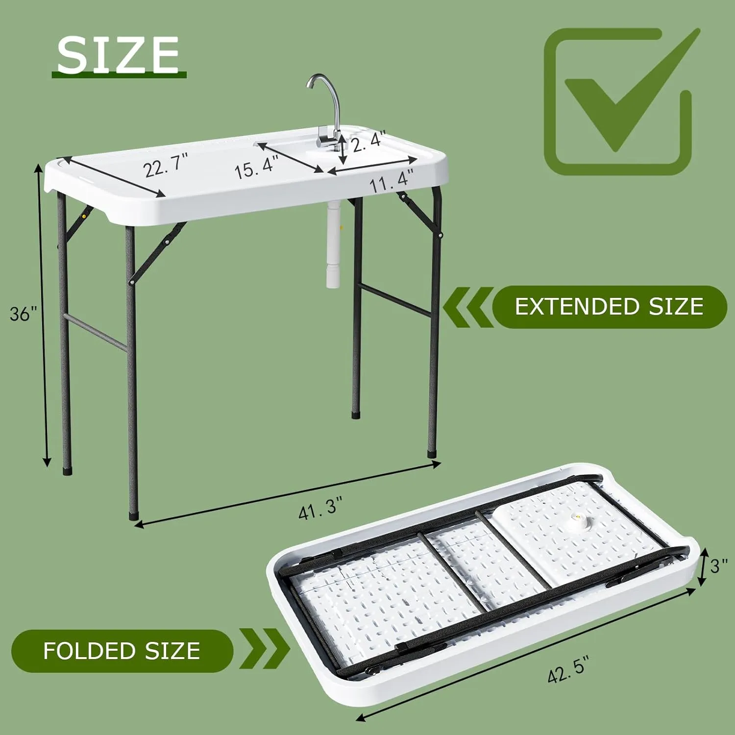 Folding Fish Cleaning Table with Sink, Portable Camping Sink Table with Measure Mark, Drainage Hose and Knife Groove, Outdoor Fish Fillet Cleaning Station for Picnic Fishing, White