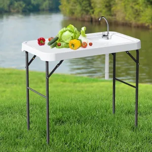 Folding Fish Cleaning Table with Sink, Portable Camping Sink Table with Measure Mark, Drainage Hose and Knife Groove, Outdoor Fish Fillet Cleaning Station for Picnic Fishing, White