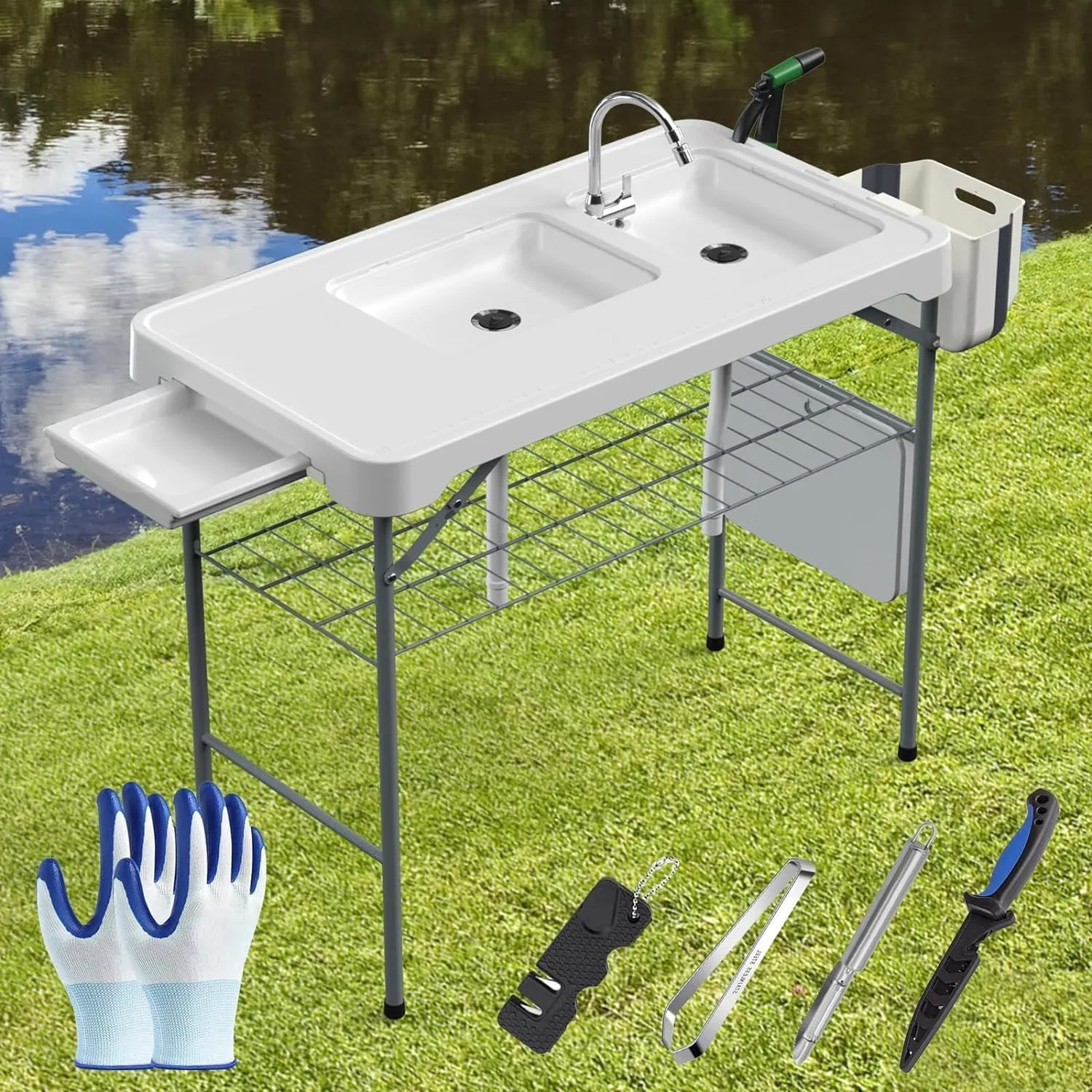 Folding Fish Cleaning Table,42.5"" Portable Camping Table w/2 Sinks Fish Fillet Station with Faucet,Grid,Knife & Spray Nozzle,Drain Hose, Storage Box,Built-in Drawer& Knife Groove for Picnic, White