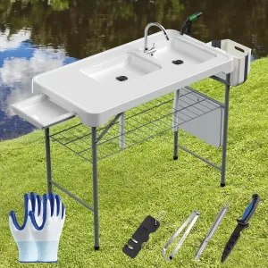 Folding Fish Cleaning Table,42.5"" Portable Camping Table w/2 Sinks Fish Fillet Station with Faucet,Grid,Knife & Spray Nozzle,Drain Hose, Storage Box,Built-in Drawer& Knife Groove for Picnic, White