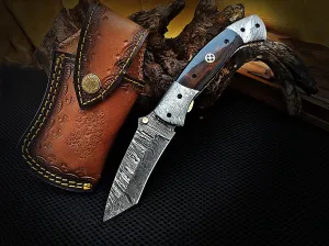 Folding Pocket Tanto Knife Colored Camel Bone Handle and Double Damascus Bolster Custom Handcrafted Damascus Steel 8.50 inches with Leather Sheath Great Gift for All Occasions CLKFOL1108