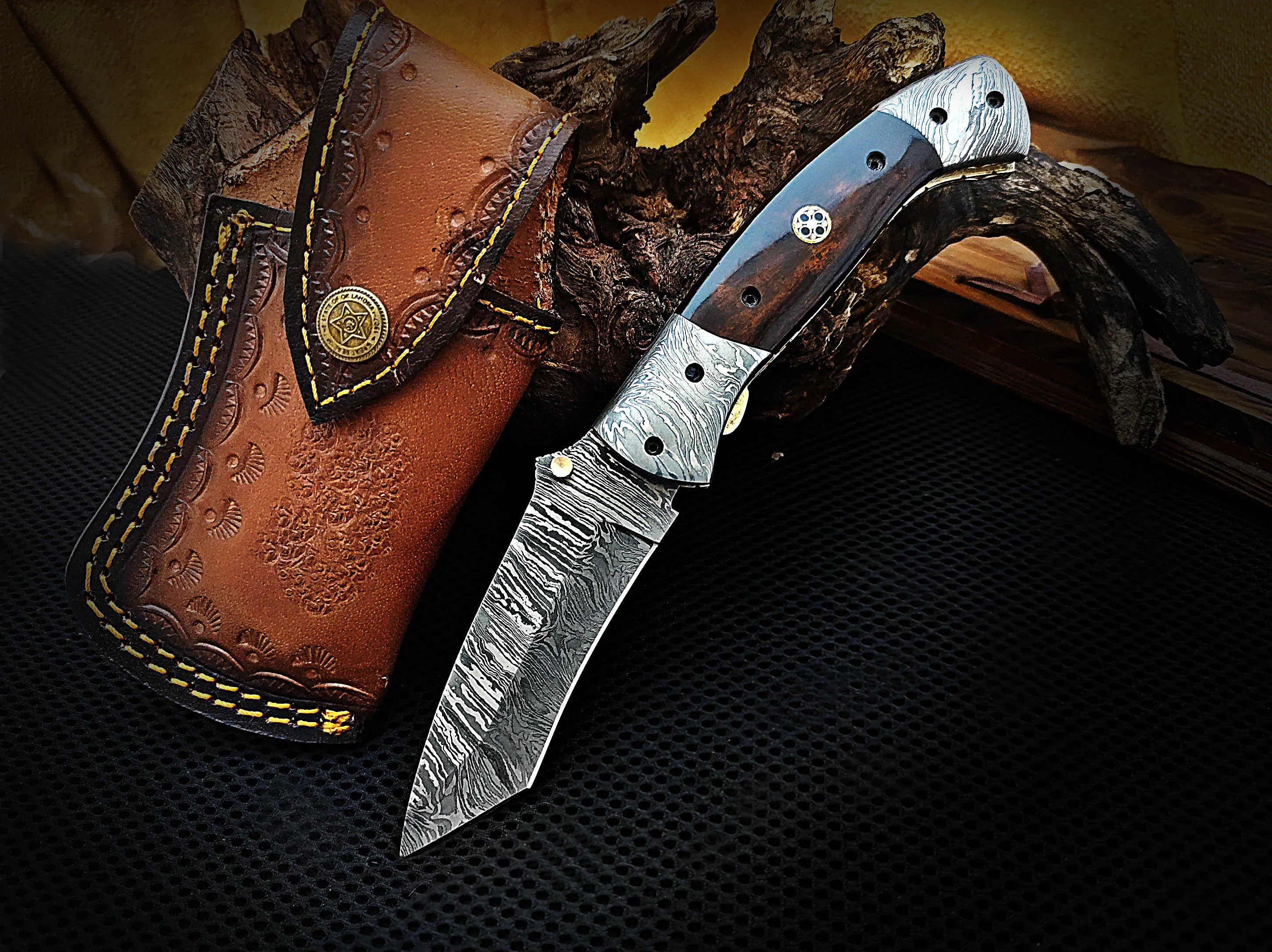 Folding Pocket Tanto Knife Colored Camel Bone Handle and Double Damascus Bolster Custom Handcrafted Damascus Steel 8.50 inches with Leather Sheath Great Gift for All Occasions CLKFOL1108