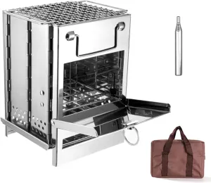 Folding Wood Burning Stove Blowpipe Kit Mini BBQ Grill with Carry Bag for Backpacking Hiking Camping Cooking
