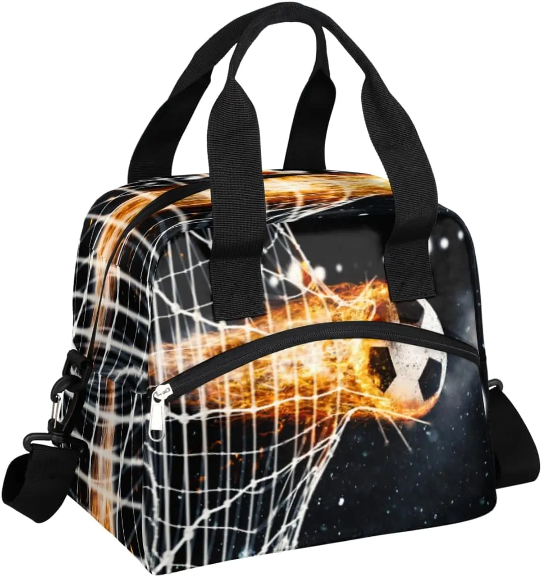 Football Fireball Scoring A Goal Online Tote Lunch Bag, Reusable Leakproof Insulated Cooler Bag, Adjustable Shoulder Straps Water-resistant Lunch Box for Picnic Beach Hiking Work