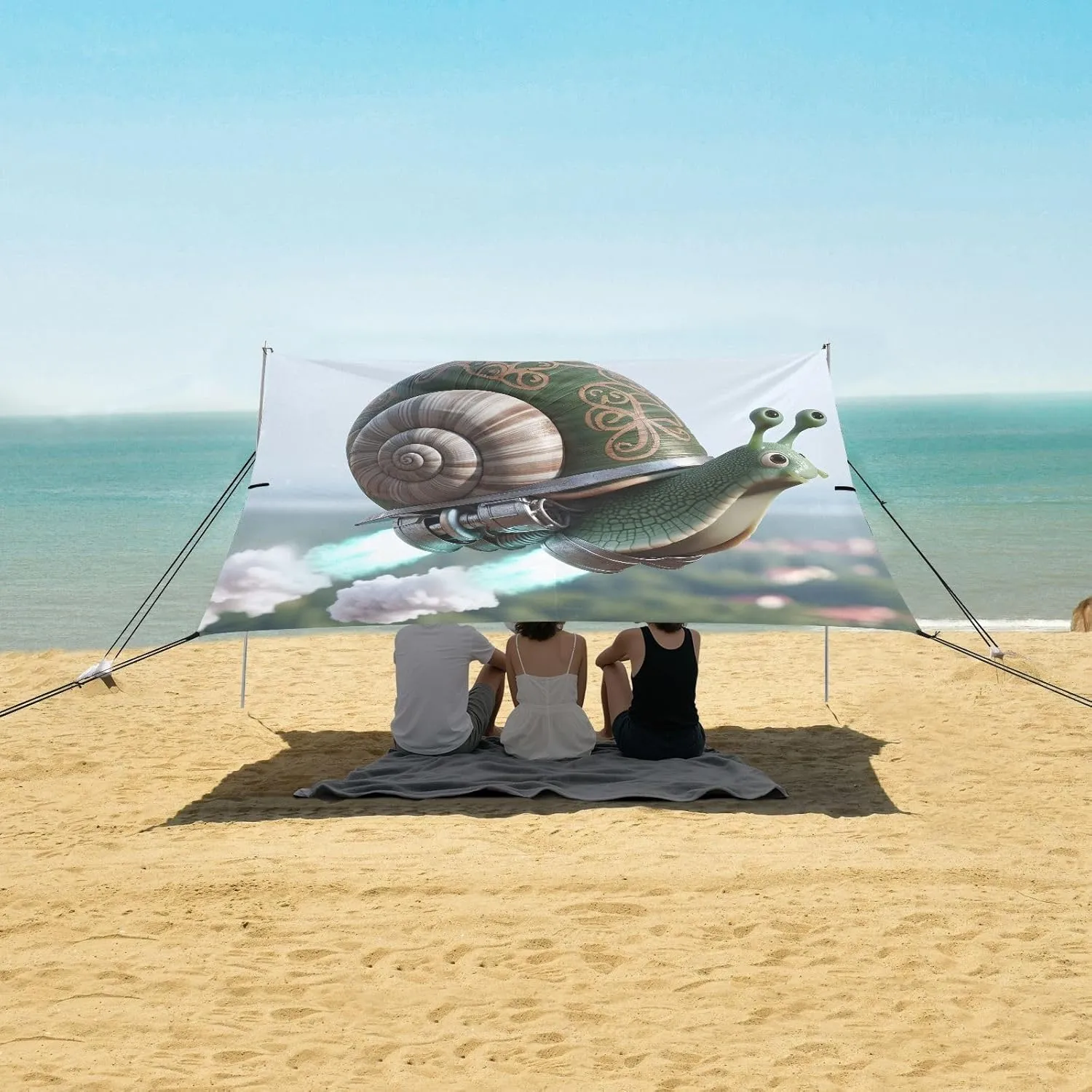 Funny Snail with Jetpack Beach Canopy Tent Anti-UV & Wind Resistant, Camping Sun Shelter Easy Setup Portable,Outdoor Shade Tents with Sandbags,Sand Shovels,Ground Pegs & Stability Poles