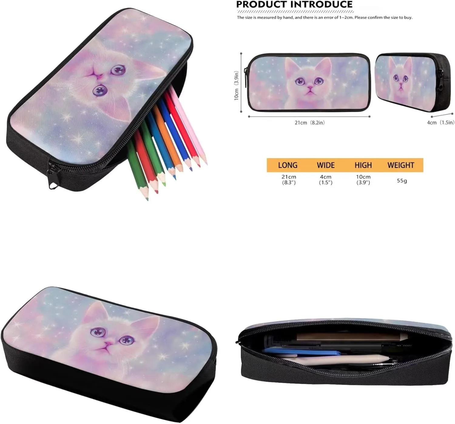 Galaxy Cat Backpack for School Girls Backpack with Lunch Box and Aesthetic Pencil Case 3PCS Cute Bookbag Set 17" Large Capacity School Bag with Side Pocket for Kids Casual Daypack Backpacks