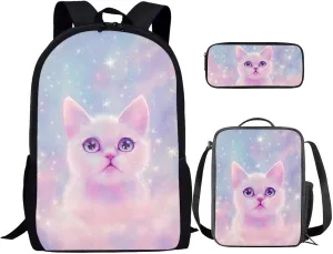 Galaxy Cat Backpack for School Girls Backpack with Lunch Box and Aesthetic Pencil Case 3PCS Cute Bookbag Set 17" Large Capacity School Bag with Side Pocket for Kids Casual Daypack Backpacks