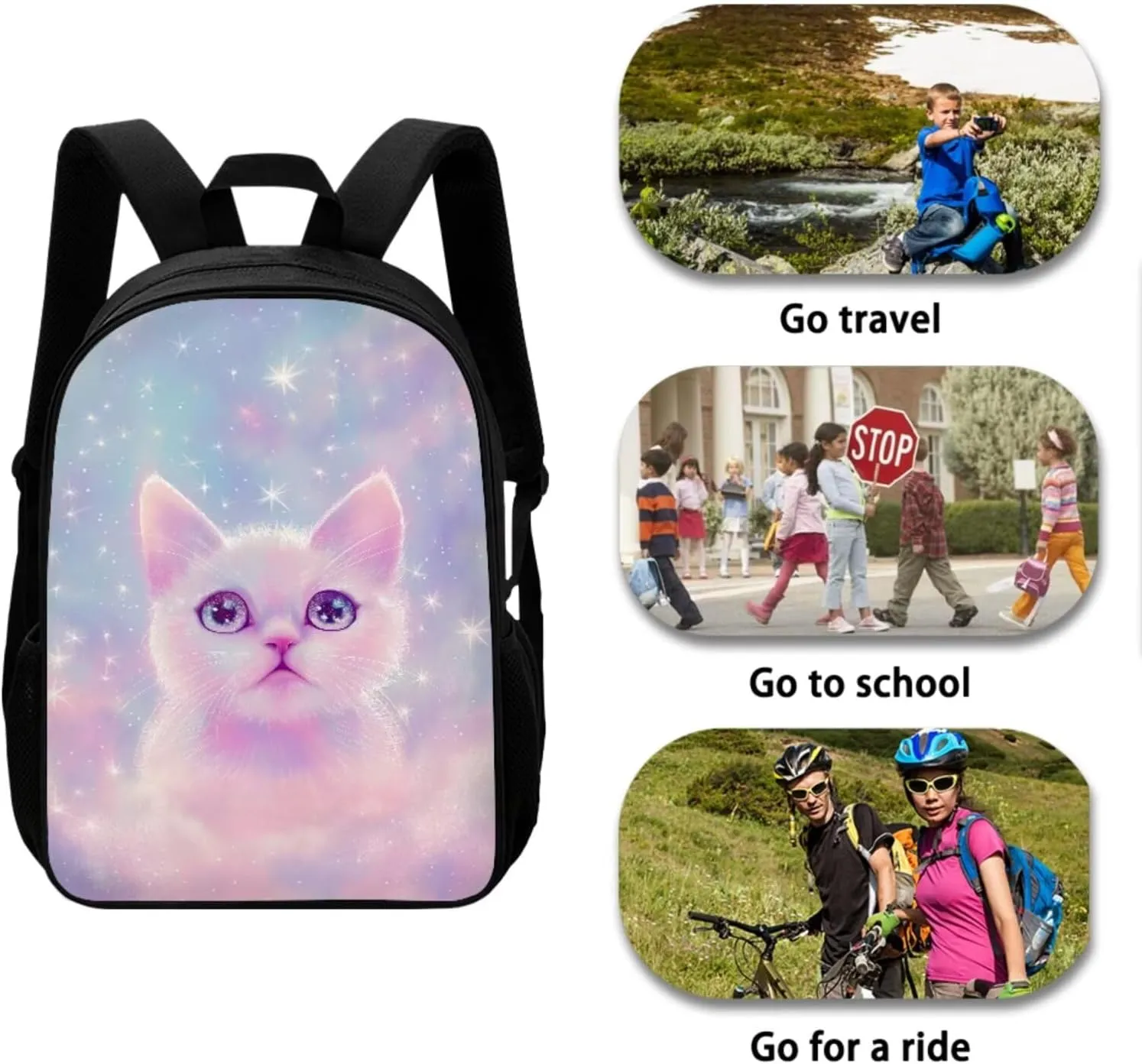 Galaxy Cat Backpack for School Girls Backpack with Lunch Box and Aesthetic Pencil Case 3PCS Cute Bookbag Set 17" Large Capacity School Bag with Side Pocket for Kids Casual Daypack Backpacks
