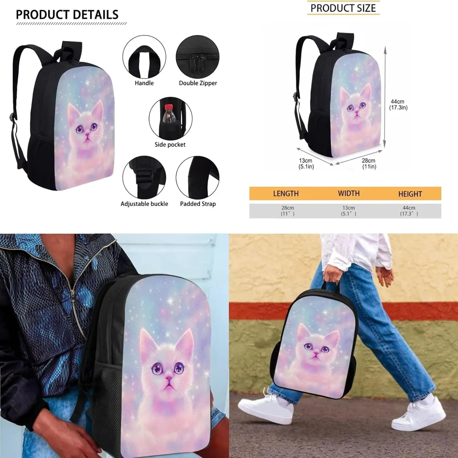 Galaxy Cat Backpack for School Girls Backpack with Lunch Box and Aesthetic Pencil Case 3PCS Cute Bookbag Set 17" Large Capacity School Bag with Side Pocket for Kids Casual Daypack Backpacks