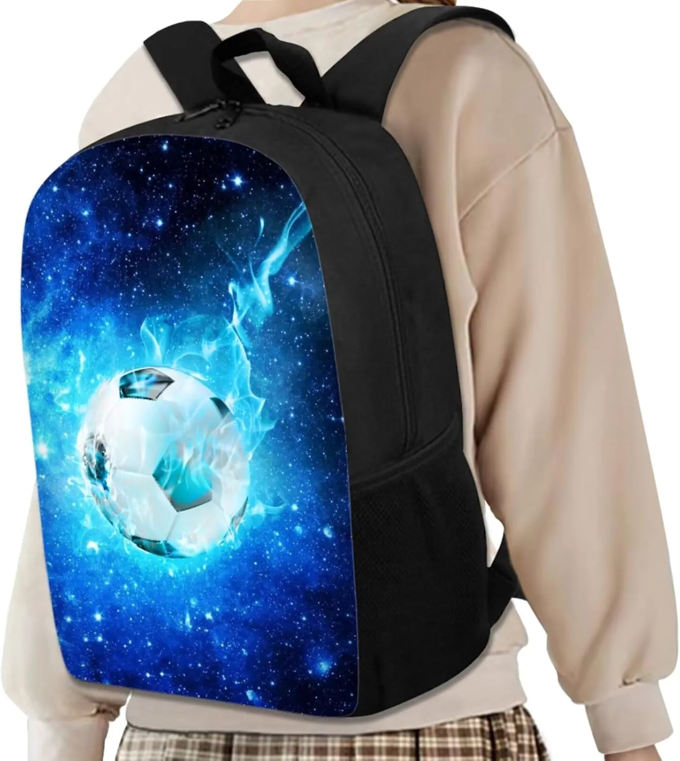 Galaxy Soccer Backpack for Boys Kids Backpack with Lunch Box Water Bottle Pouch and Pencil Cup 4PCS Bookbag Set for School Teens 17 inch Large School Bag with Side Pocket for Elementary Girls