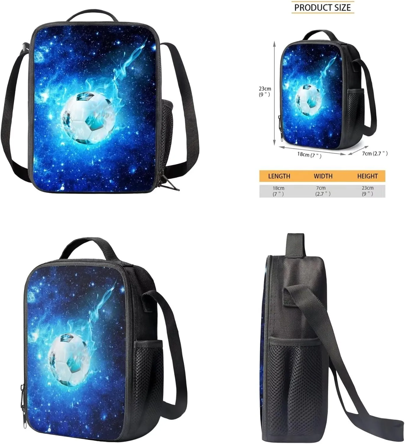 Galaxy Soccer Backpack for Boys Kids Backpack with Lunch Box Water Bottle Pouch and Pencil Cup 4PCS Bookbag Set for School Teens 17 inch Large School Bag with Side Pocket for Elementary Girls