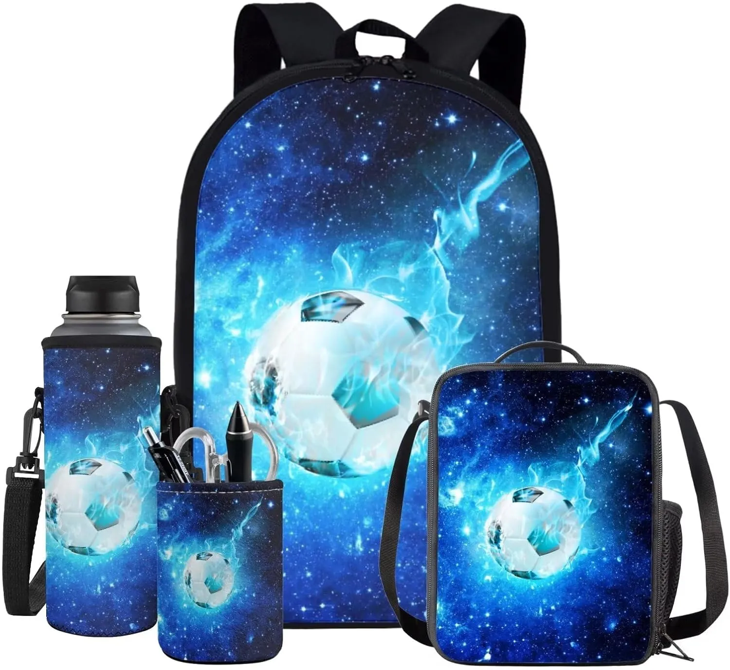 Galaxy Soccer Backpack for Boys Kids Backpack with Lunch Box Water Bottle Pouch and Pencil Cup 4PCS Bookbag Set for School Teens 17 inch Large School Bag with Side Pocket for Elementary Girls