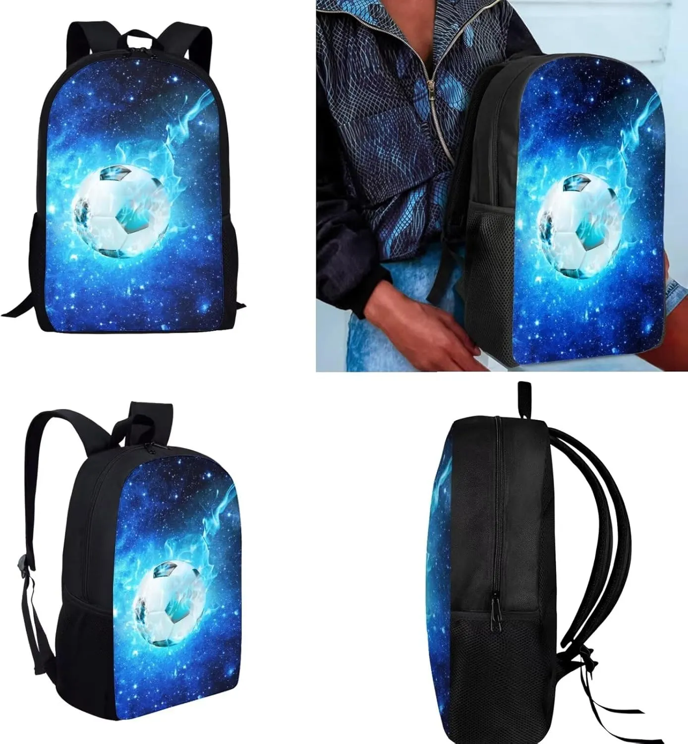 Galaxy Soccer Backpack for Boys Kids Backpack with Lunch Box Water Bottle Pouch and Pencil Cup 4PCS Bookbag Set for School Teens 17 inch Large School Bag with Side Pocket for Elementary Girls