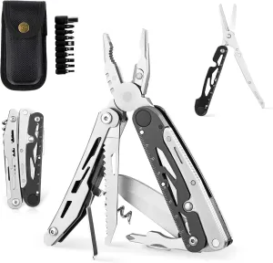 Ganzo G304 Full-sized Multitool, 21-in-1 Stainless Steel Pocket Knife with Screwdriver, Pliers with Sheath, Perfect for Outdoor, Survival, Camping, Hiking, Repair, EDC, Silver-black