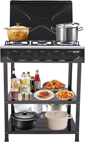 Gas Stove 5 Burne, Camping Stove Portable Stove with 5 Burners Cooking Stove 5 Burner Stove with Support Leg Stand and Wind Blocking Cover for Home RV Apartment Outdoor Use (Black)