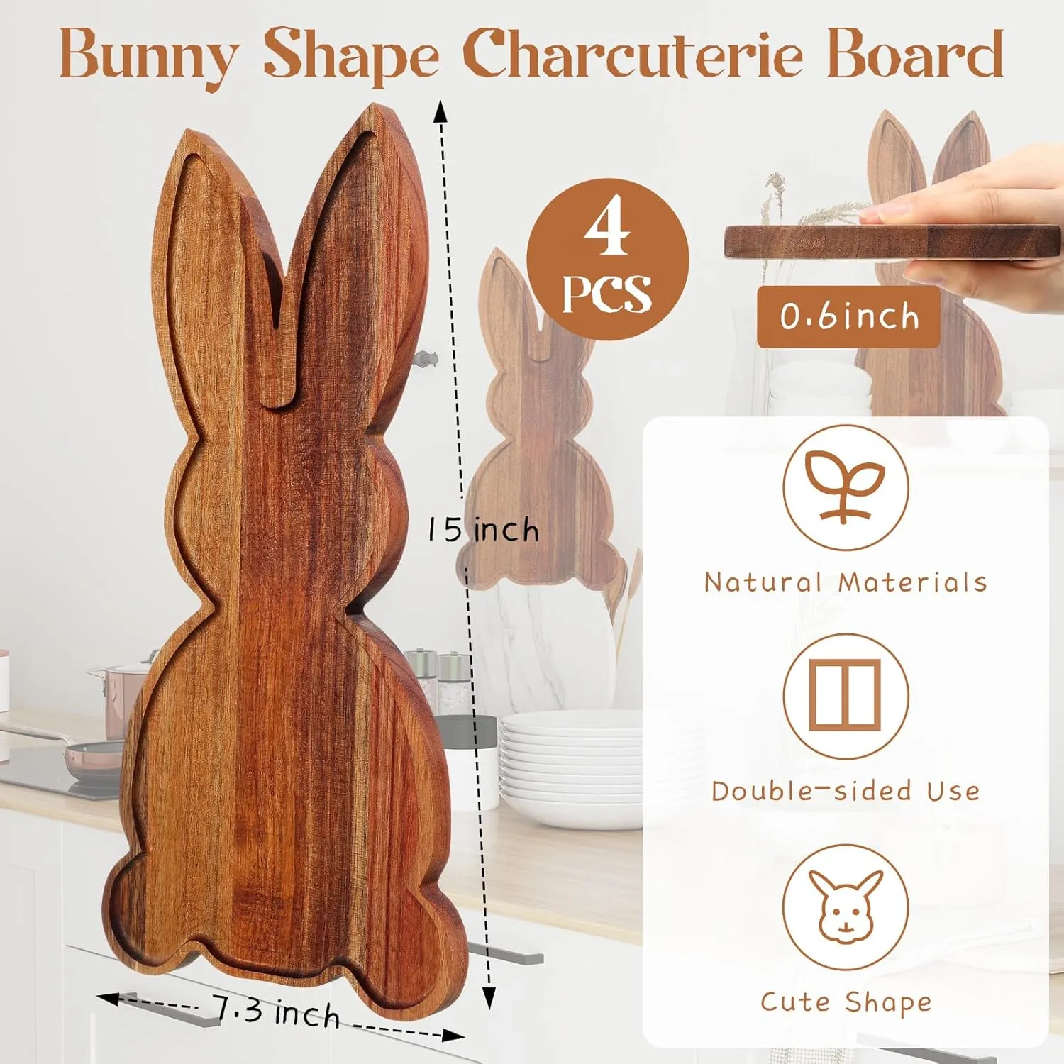 Geetery 4 Pcs Acacia Wood Cutting Board with Groove 15"l x 7"w Charcuterie Butcher Block Chopping Boards Cheese Serving Platter for Dessert Bread Salad Fruit Easter Housewarming Gift (Bunny Shape)
