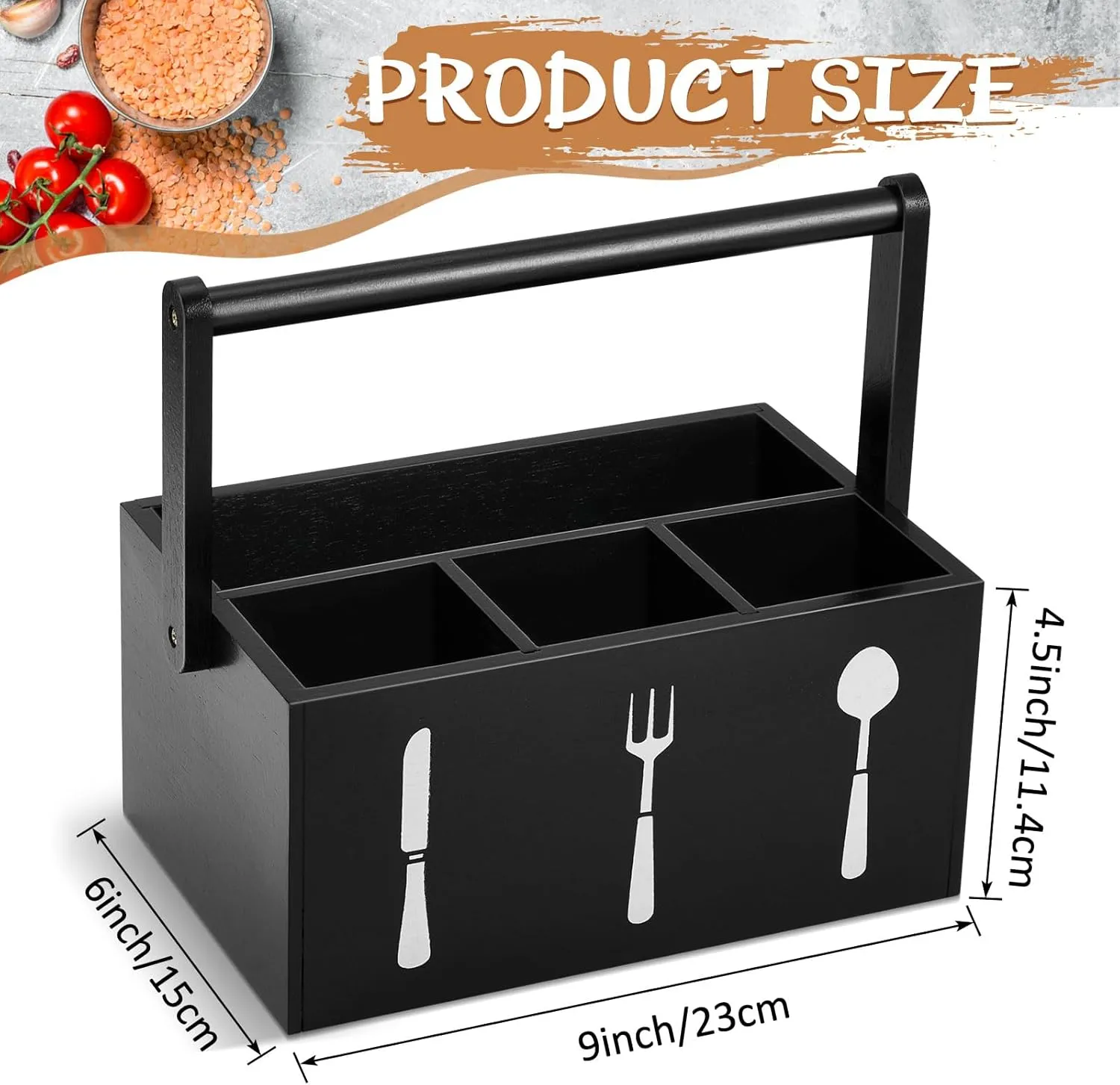 Geetery Acacia Utensil Caddy Silverware Caddy with Handle Wooden Multipurpose Countertop Flatware Napkin Utensil Organizer for Party Picnic Kitchen Trip, 9.1 x 5.9 x 4.5 in(Black)