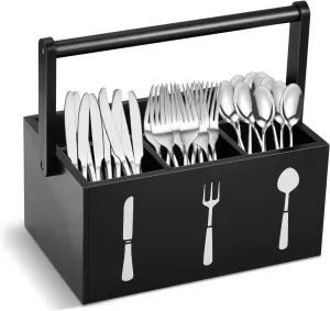 Geetery Acacia Utensil Caddy Silverware Caddy with Handle Wooden Multipurpose Countertop Flatware Napkin Utensil Organizer for Party Picnic Kitchen Trip, 9.1 x 5.9 x 4.5 in(Black)