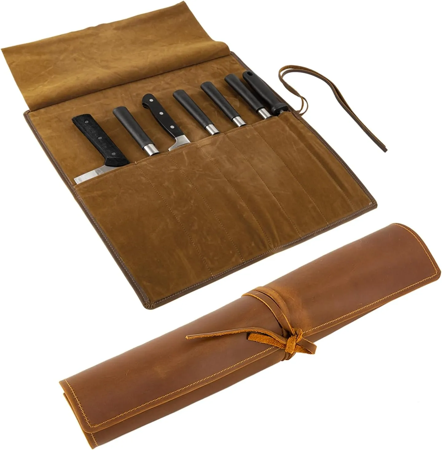 Genuine Leather Knife Roll, Knife Bags for Chefs Professional, Small Chef'S Knife Case Holder, Knives Holders Protectors with 7 Slots, Portable Chef Knife Roll Chef Knife Bag Case Storage Pouch