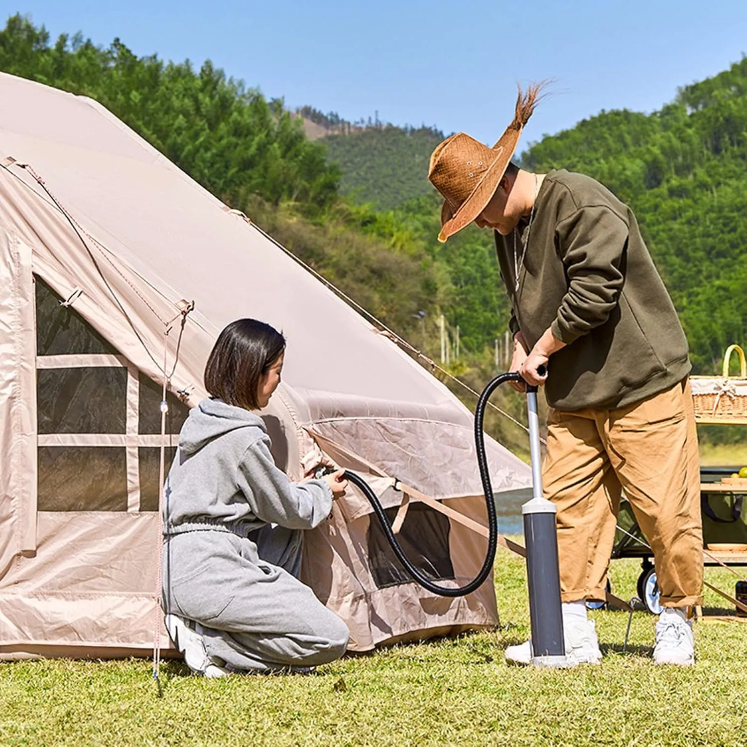 GeRRiT Inflatable Camping Tent with Pump, Large Outdoor Yurt Tents for Camping Waterproof Easy Setup - Canvas Hot Tents 4-8 Person Air Blow Up Tent Cabin - 4 Season Family Glamping Tents