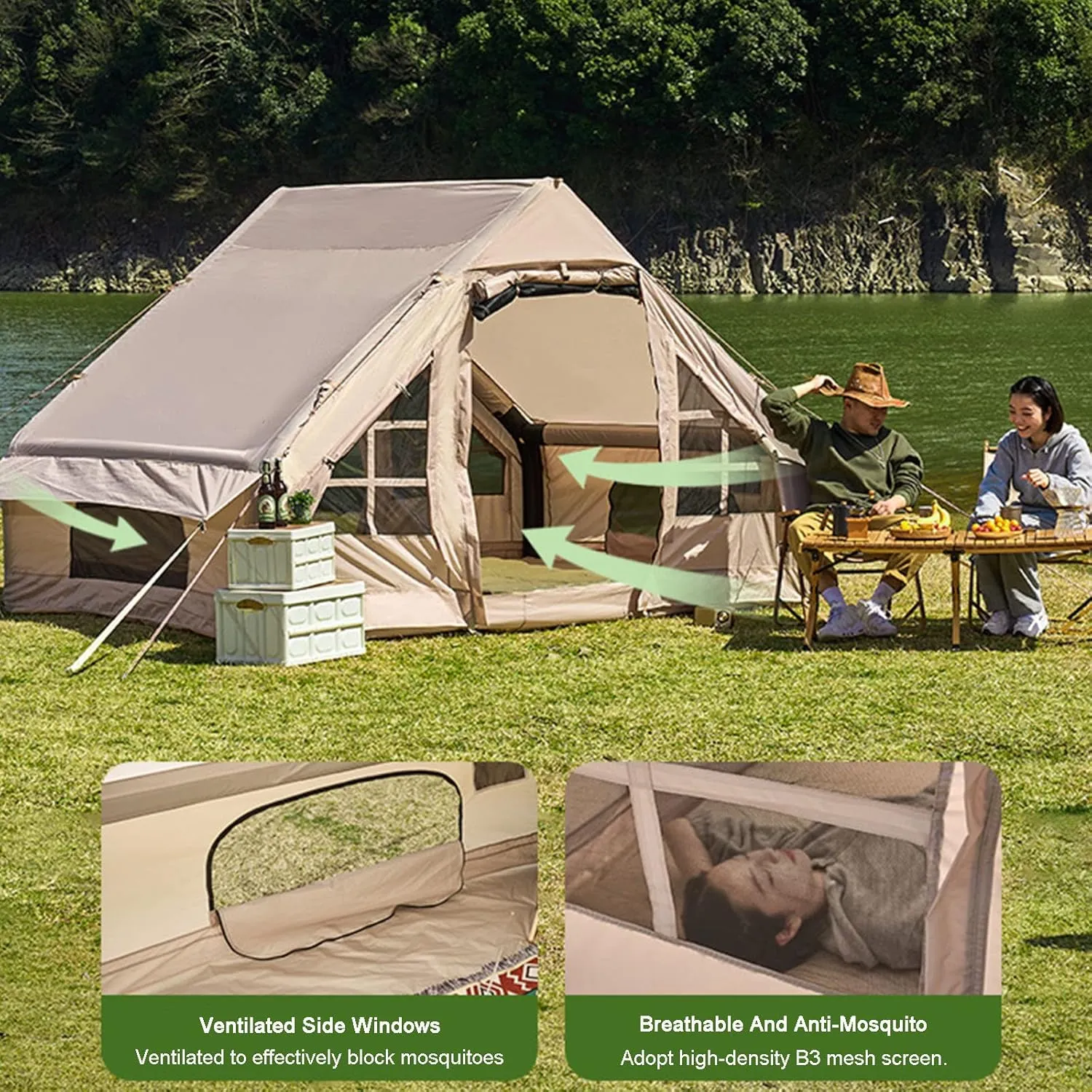 GeRRiT Inflatable Camping Tent with Pump, Large Outdoor Yurt Tents for Camping Waterproof Easy Setup - Canvas Hot Tents 4-8 Person Air Blow Up Tent Cabin - 4 Season Family Glamping Tents