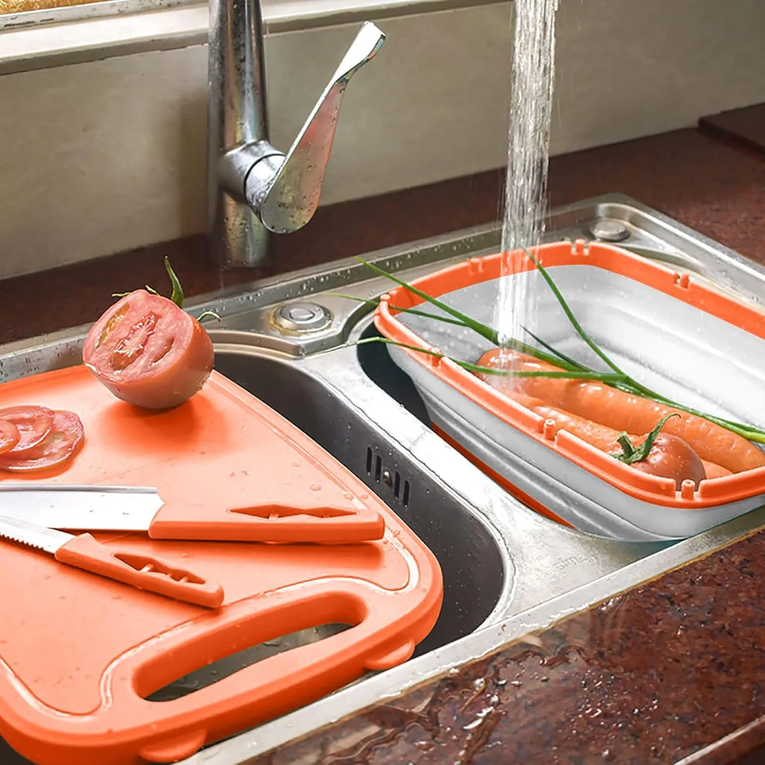Gintan Camping Cutting Board, 9-in-1 Collapsible Chopping Board with Colander, Kitchen Vegetable Washing Basket for Camping, Camping Gifts Camping Accessories for RV Campers (orange)