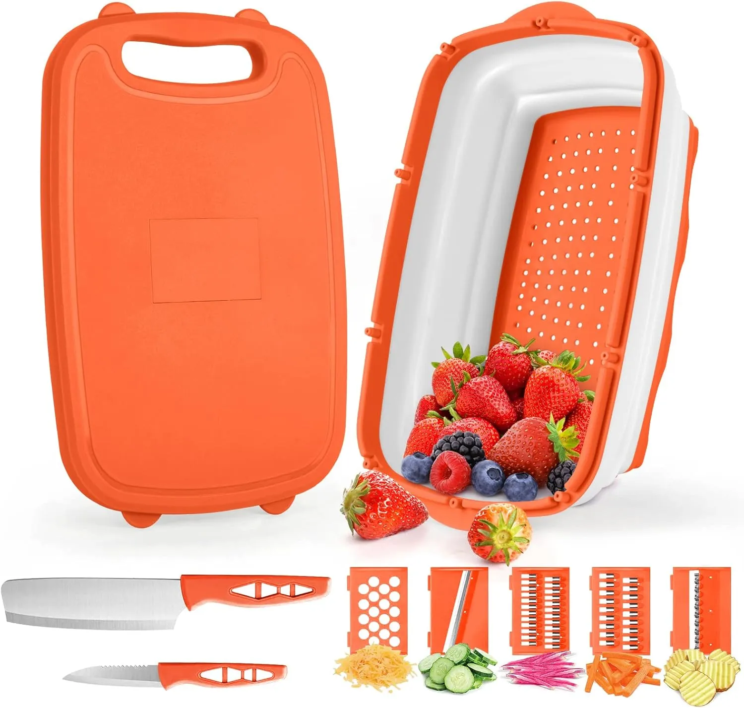 Gintan Camping Cutting Board, 9-in-1 Collapsible Chopping Board with Colander, Kitchen Vegetable Washing Basket for Camping, Camping Gifts Camping Accessories for RV Campers (orange)