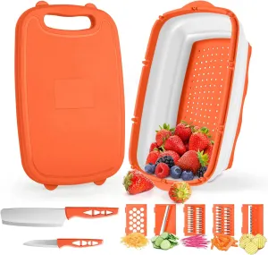 Gintan Camping Cutting Board, 9-in-1 Collapsible Chopping Board with Colander, Kitchen Vegetable Washing Basket for Camping, Camping Gifts Camping Accessories for RV Campers (orange)