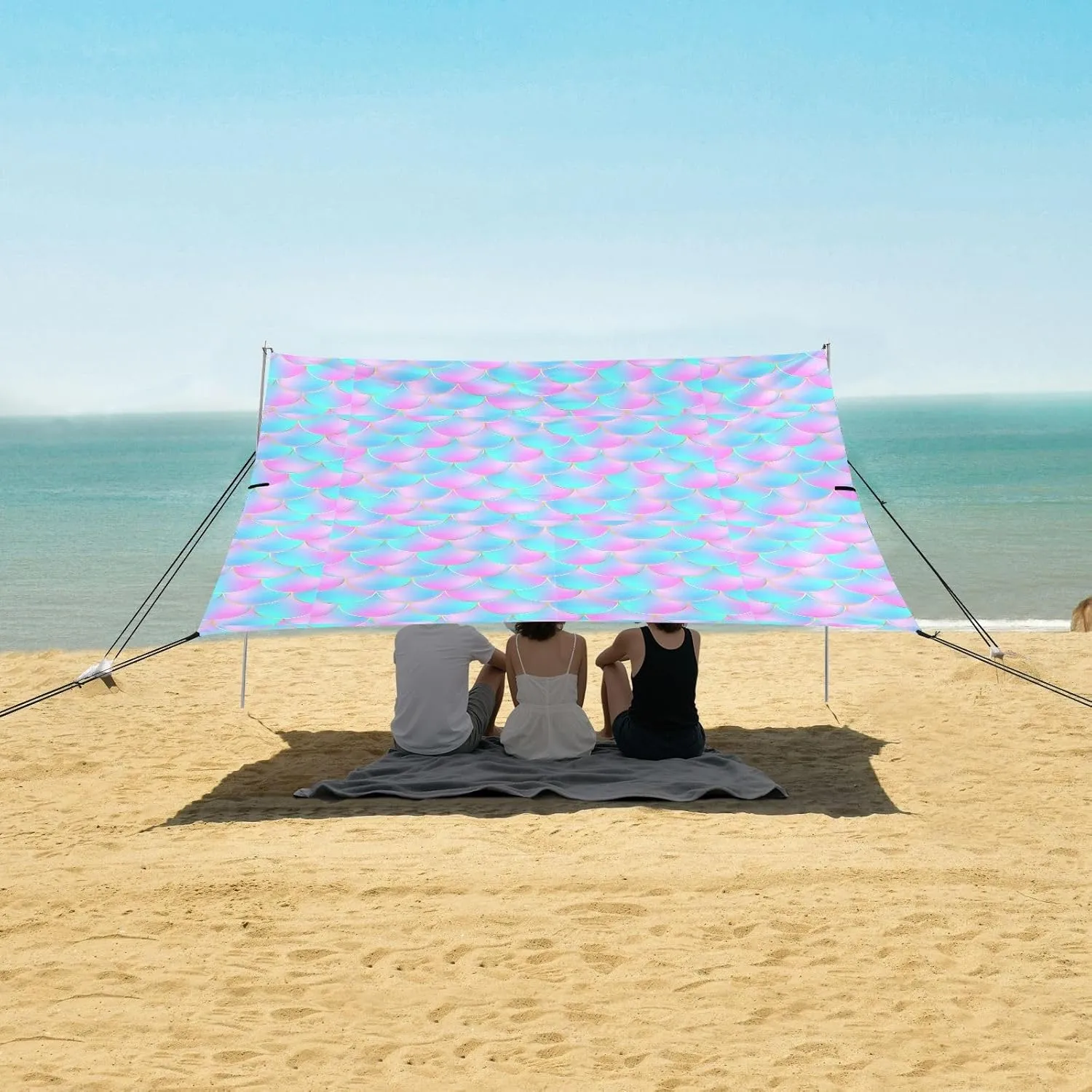 Glitter Mermaid Scales Beach Canopy Tent Anti-UV & Wind Resistant, Summer Fish Scale Camping Sun Shelter Easy Setup Portable,Outdoor Shade Tents with Sandbags,Sand Shovels,Ground Pegs & Stabilit