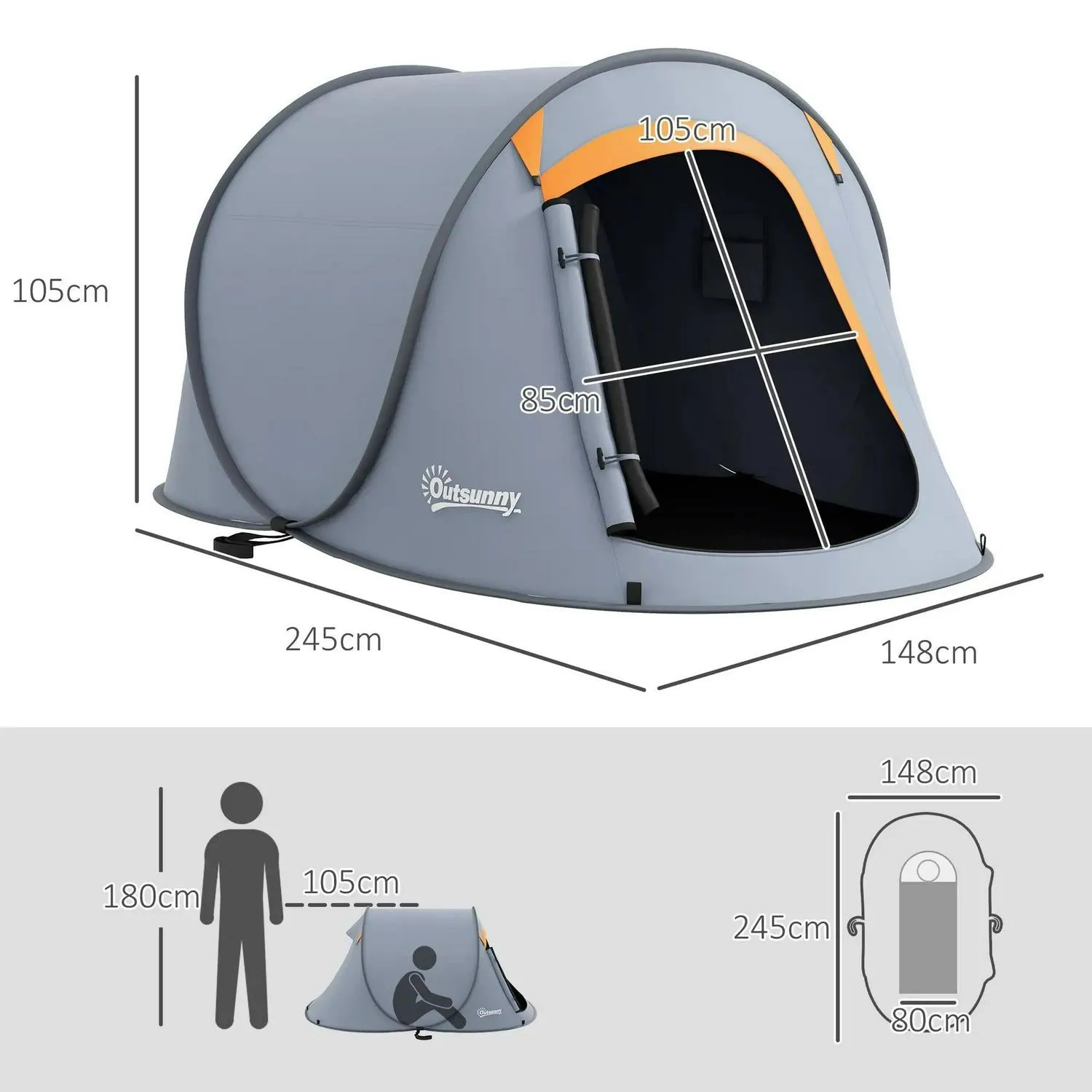 Global reach Two-Man High-end design Pop-Up Outsunny Grey - Dome With Accessories Tent,