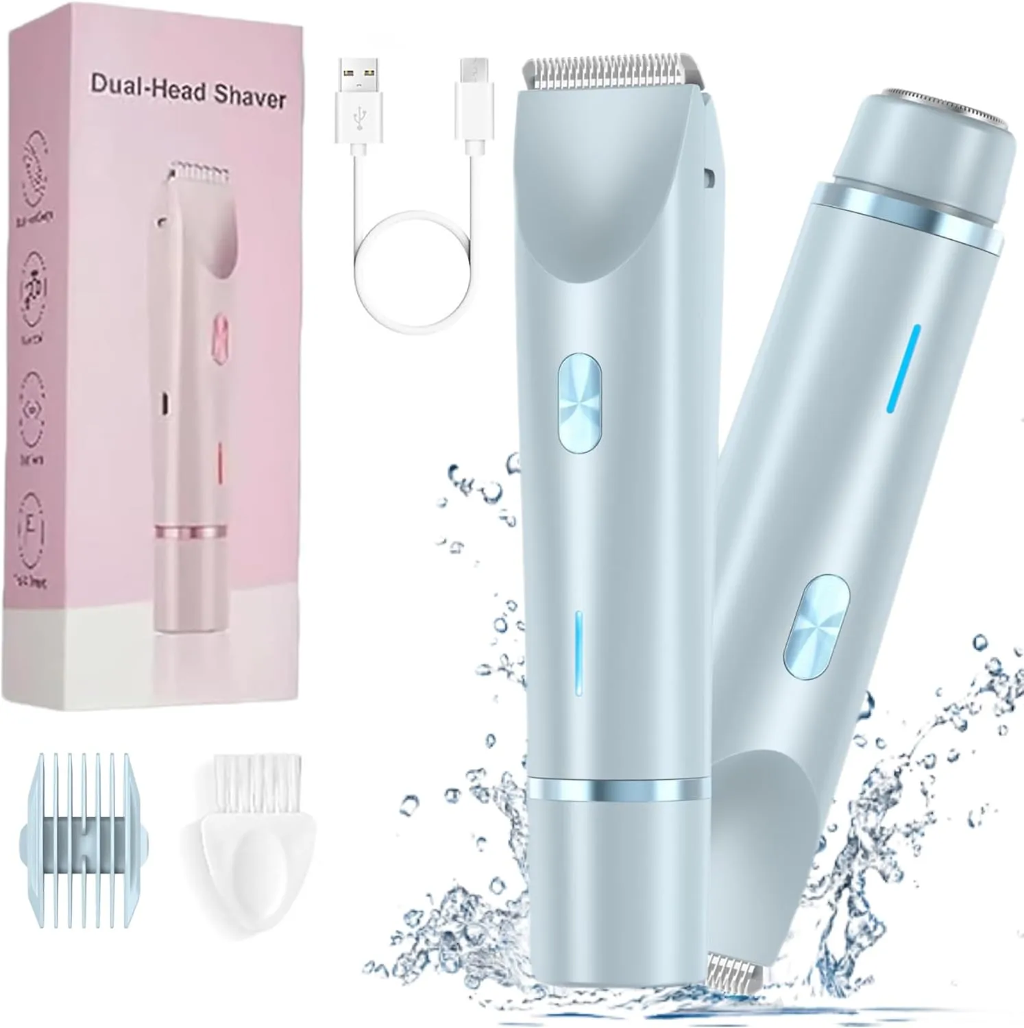Glow Aura Womens Shaver, Silky Glow 2 in 1 Body Shaver, IPX7 Waterproof Glow Aura Womens Electric Razor, Type-C Glowshave Dual Head Electric Bikini Trimmer for Women Private Area