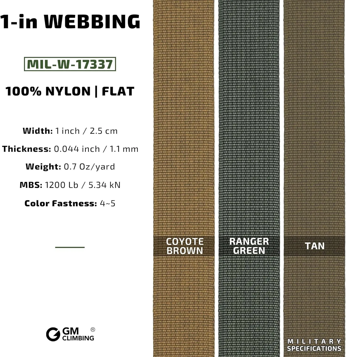 GM CLIMBING Nylon Webbing Flat MilSpecs MIL-W-17337 1200Lbs for Tactical Goods, Backpack Straps, Loops, Slings, PALS MOLLE Webbing Adapter