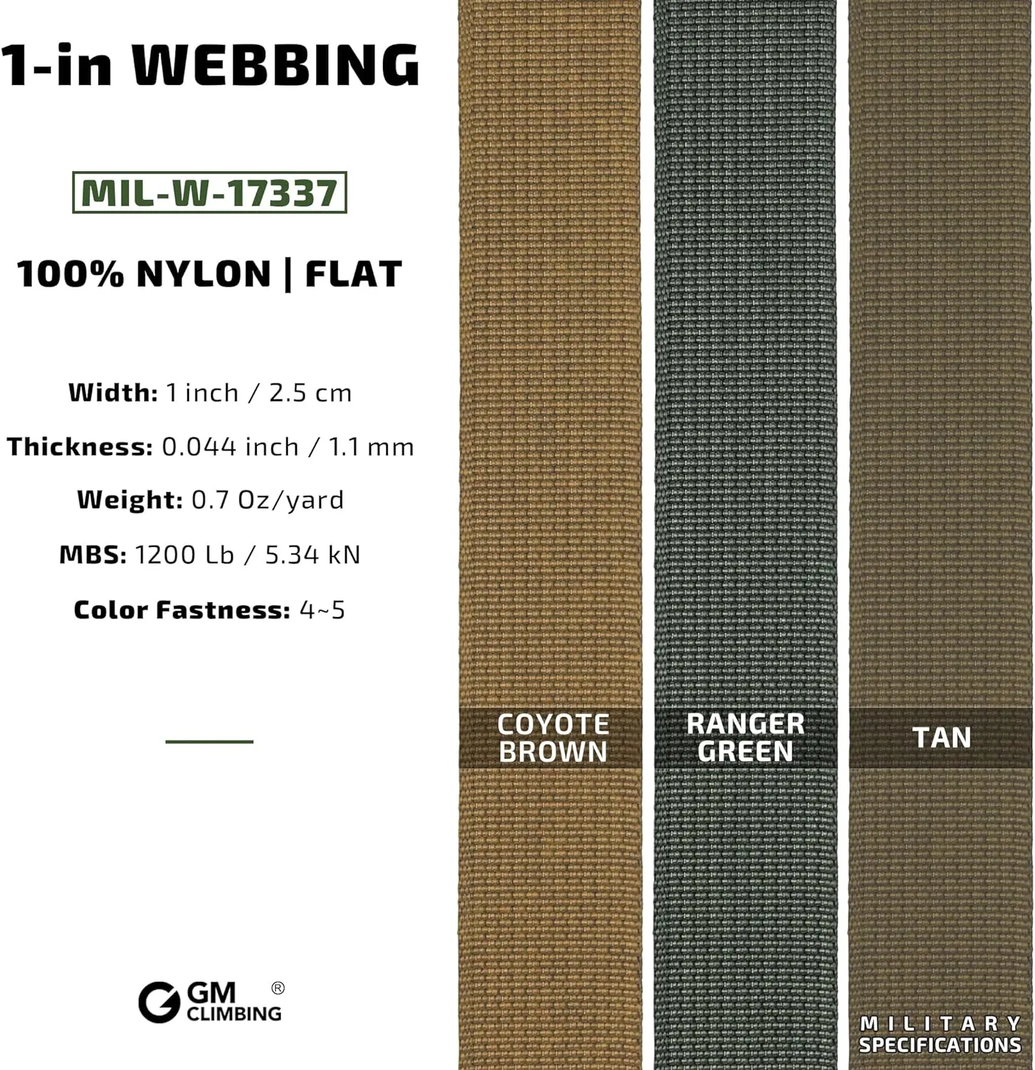 GM CLIMBING Nylon Webbing Flat MilSpecs MIL-W-17337 1200Lbs for Tactical Goods, Backpack Straps, Loops, Slings, PALS MOLLE Webbing Adapter