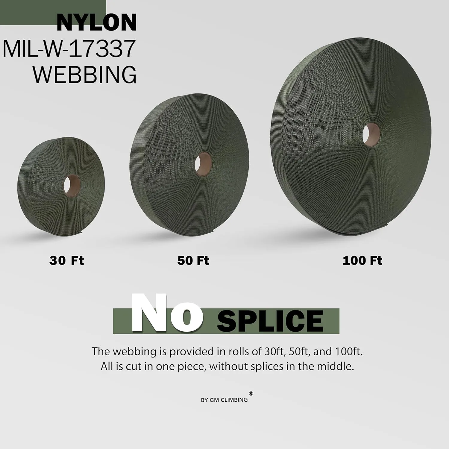 GM CLIMBING Nylon Webbing Flat MilSpecs MIL-W-17337 1200Lbs for Tactical Goods, Backpack Straps, Loops, Slings, PALS MOLLE Webbing Adapter