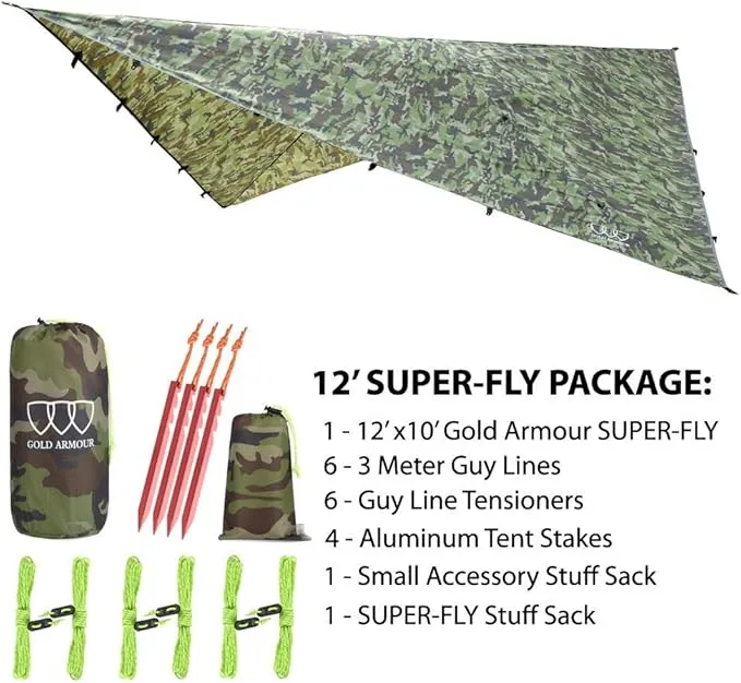 Gold Armour Rainfly Tarp Hammock, Premium 14.7ft/12ft/10ft/8ft Rain Fly Cover, Waterproof Ultralight Camping Shelter Canopy, Survival Equipment Gear Camping Tent Accessories (Camouflage 12ft x 10ft)
