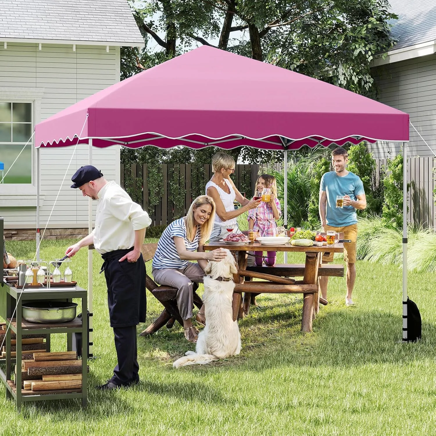 Goplus 10 X 10 FT Pop up Canopy Tent, Portable Foldable Outdoor Patio Shelter w/Wheeled Bag, 8 Stakes, 4 Anchors, 4 Wind Ropes, 4 Sandbags, Heavy-Duty Commercial Party Event Camping Tent, Easy (Pink)